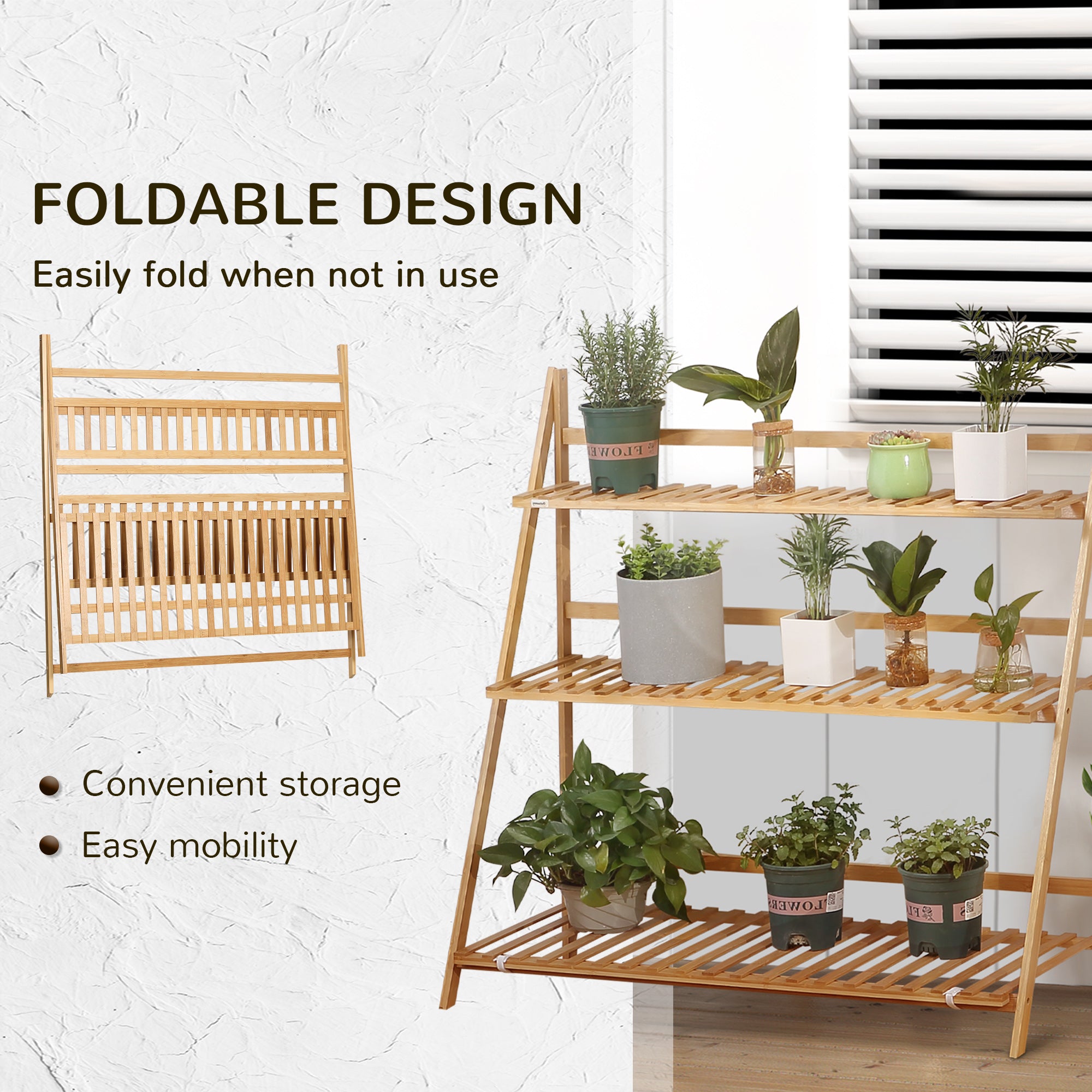 3-Tier Plant Stand Folding Display Shelf Bamboo Natural