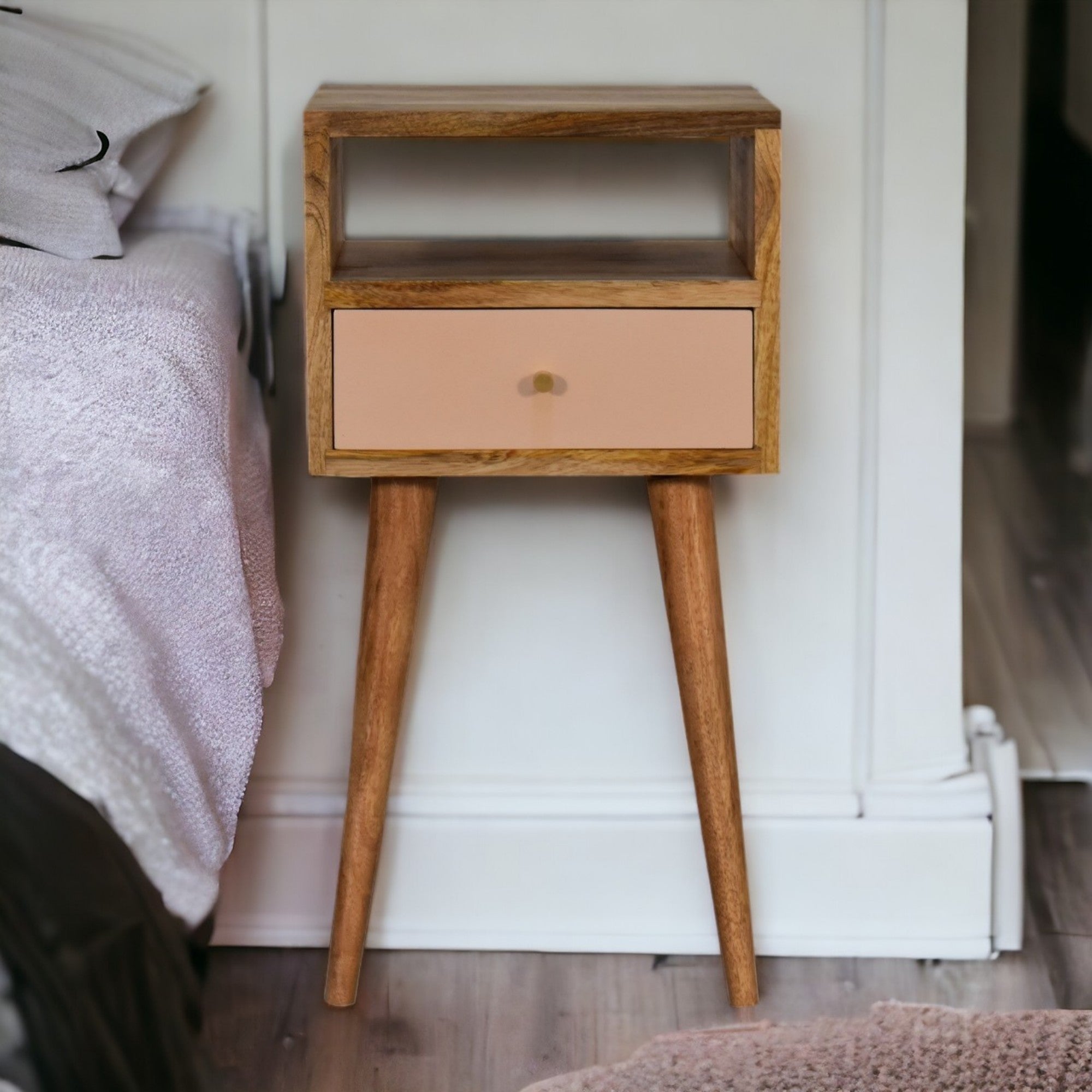 Bedside Mini Blush, 1 Drawer Open Shelf, Solid Wood Hand Painted Beige