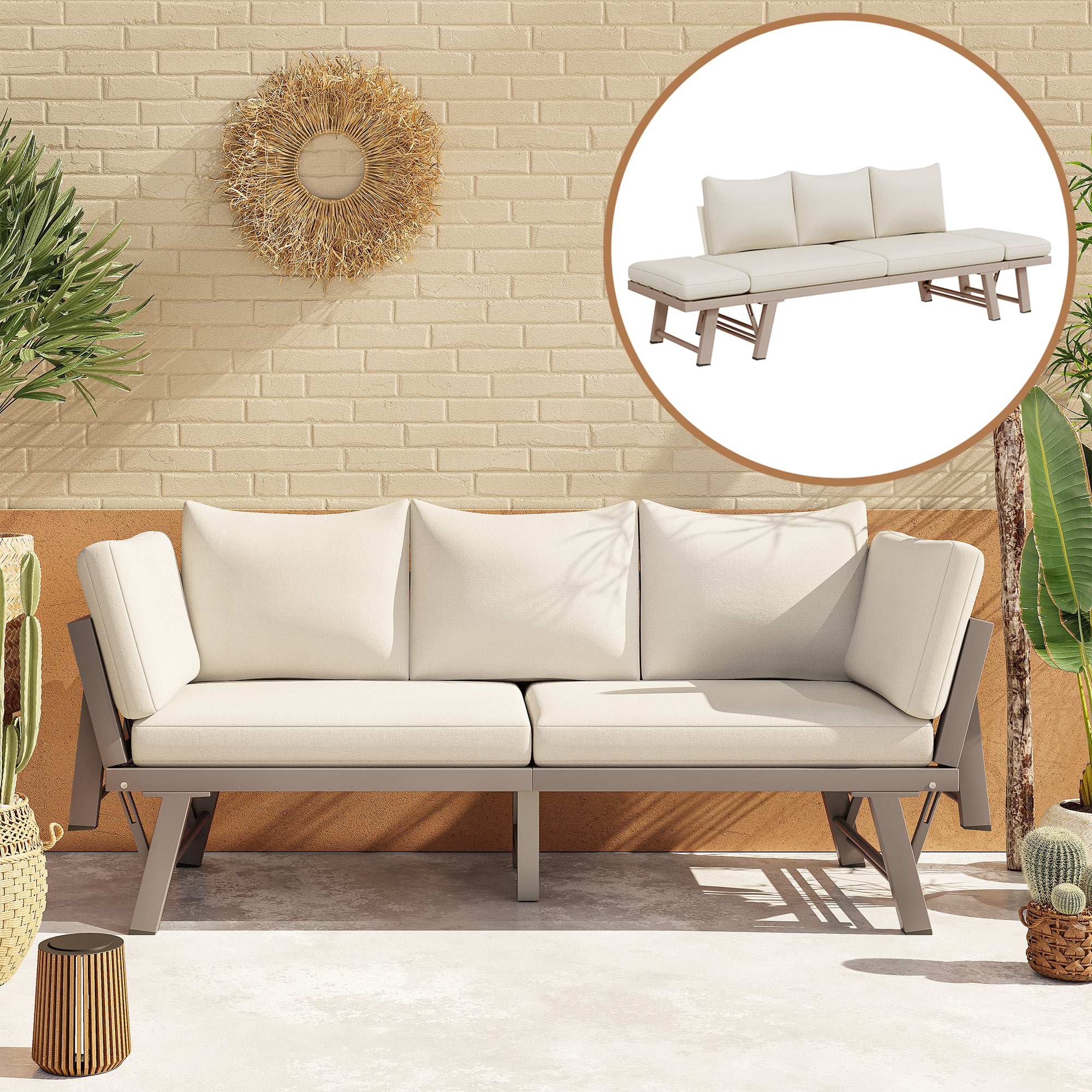 3-Seater Garden Sofa with Reclining Function, Sun Lounger and Folding Armrests, Beige