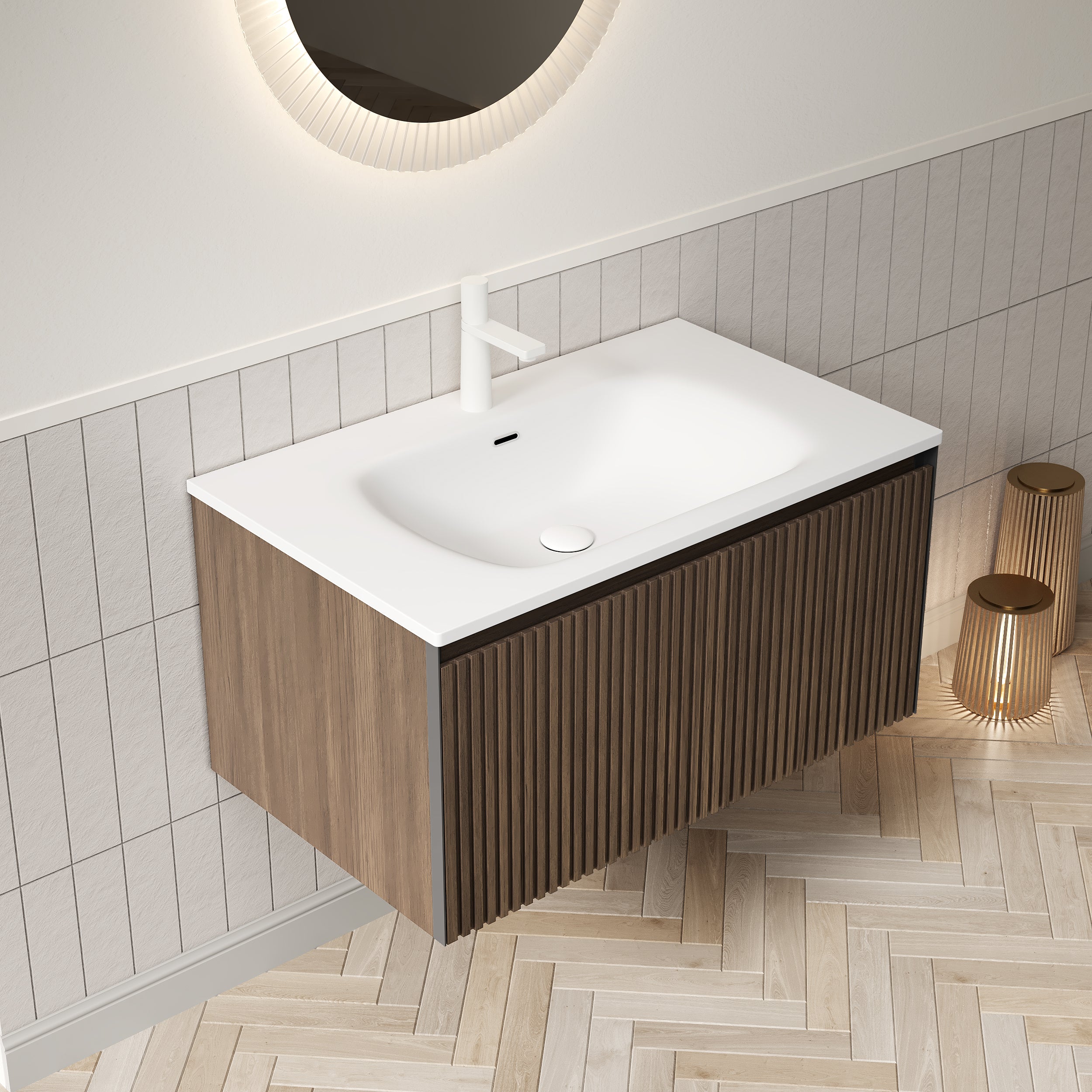 Bathroom Vanity Unit with Ceramic Sink and Drawer, 80cm Wall-Mounted Plywood, Brown Oak Finish