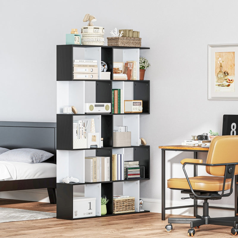 Bookcase S-Shaped 5/6 Tiers Freestanding Display Storage Rack, Wooden Black and White