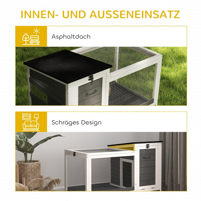 Rabbit Hutch, Free-Range Enclosure with Wheels, Folding Roof, Wooden Dark Grey