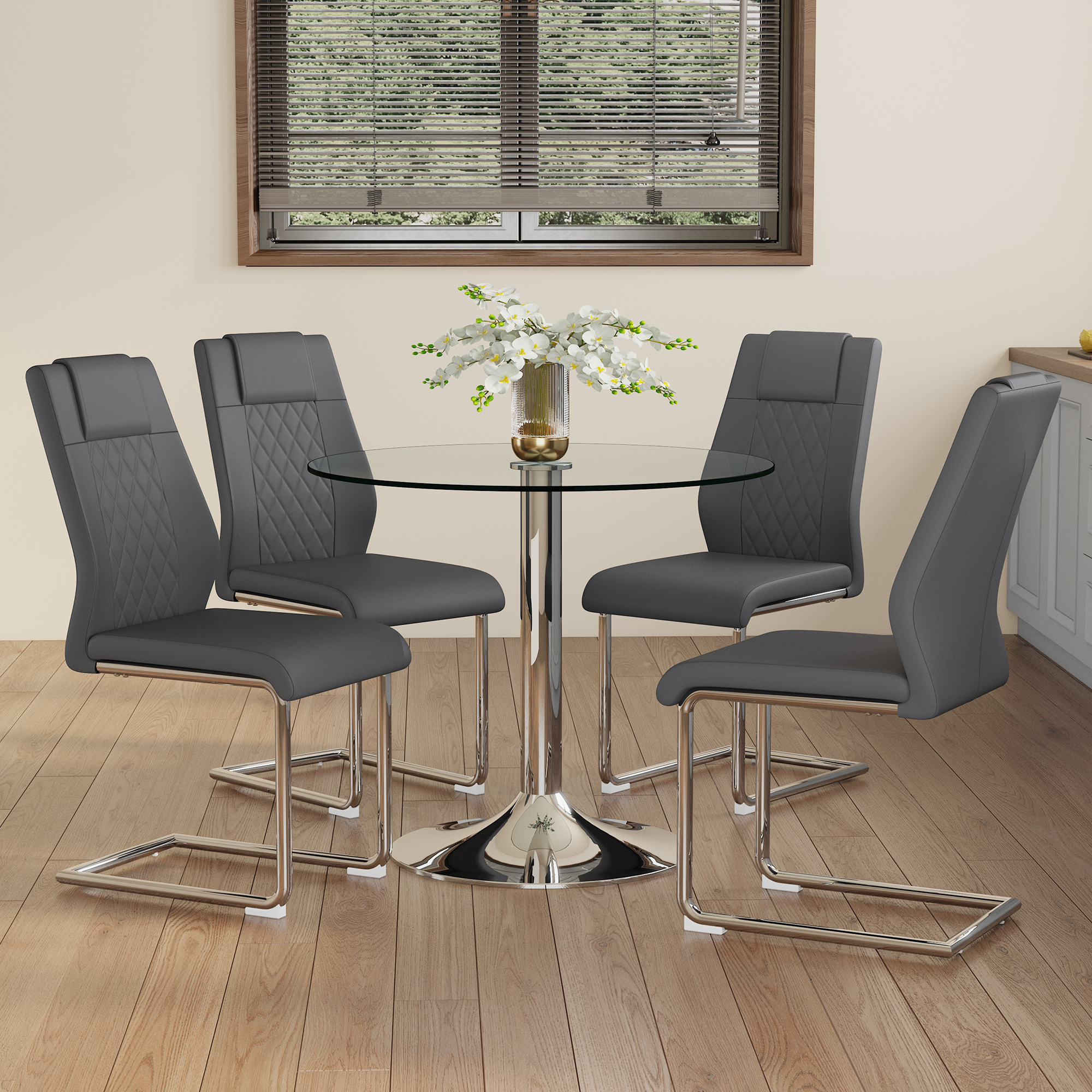 Dining Table Set with Chairs, Modern 85 cm Tempered Glass 4 Black PU