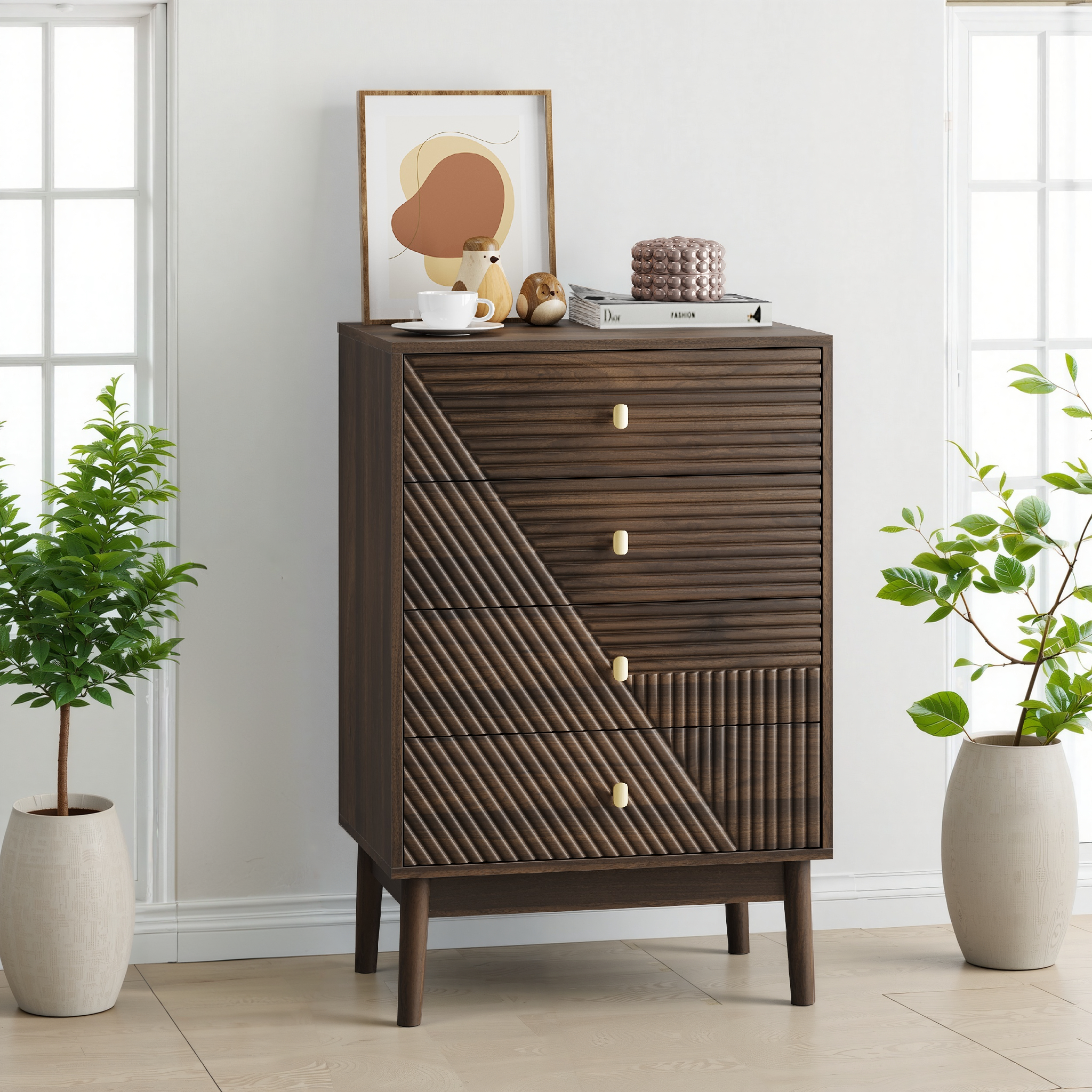 Chest of Drawers Modern 4-Drawer Wooden Storage Cabinet Walnut