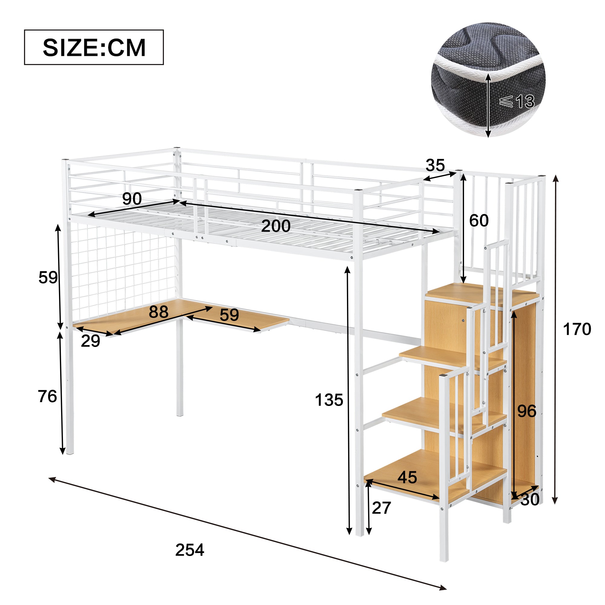 Iron Bed, Bunk/Loft with Table & Wardrobe, White + Natural