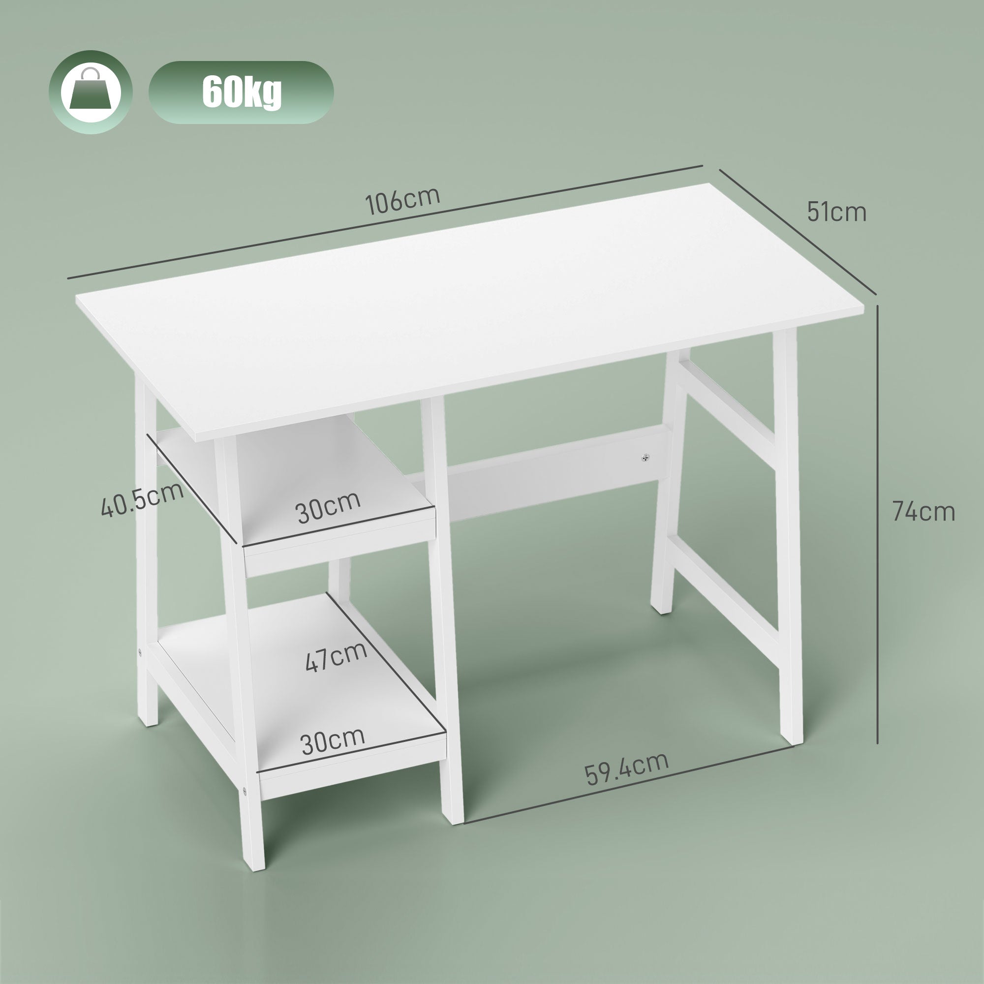 Compact Computer Desk with Storage Shelves and Bookshelf, 106 x 51cm, White