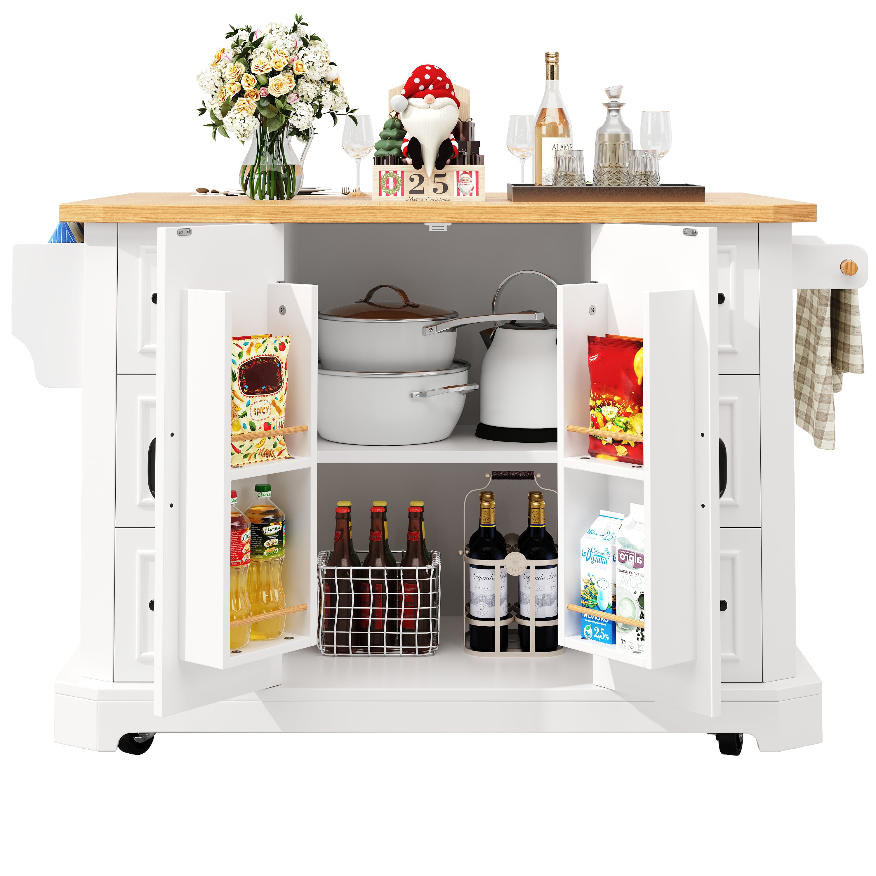 Mobile Kitchen Island with 2 Doors and 6 Drawers, White and Black
