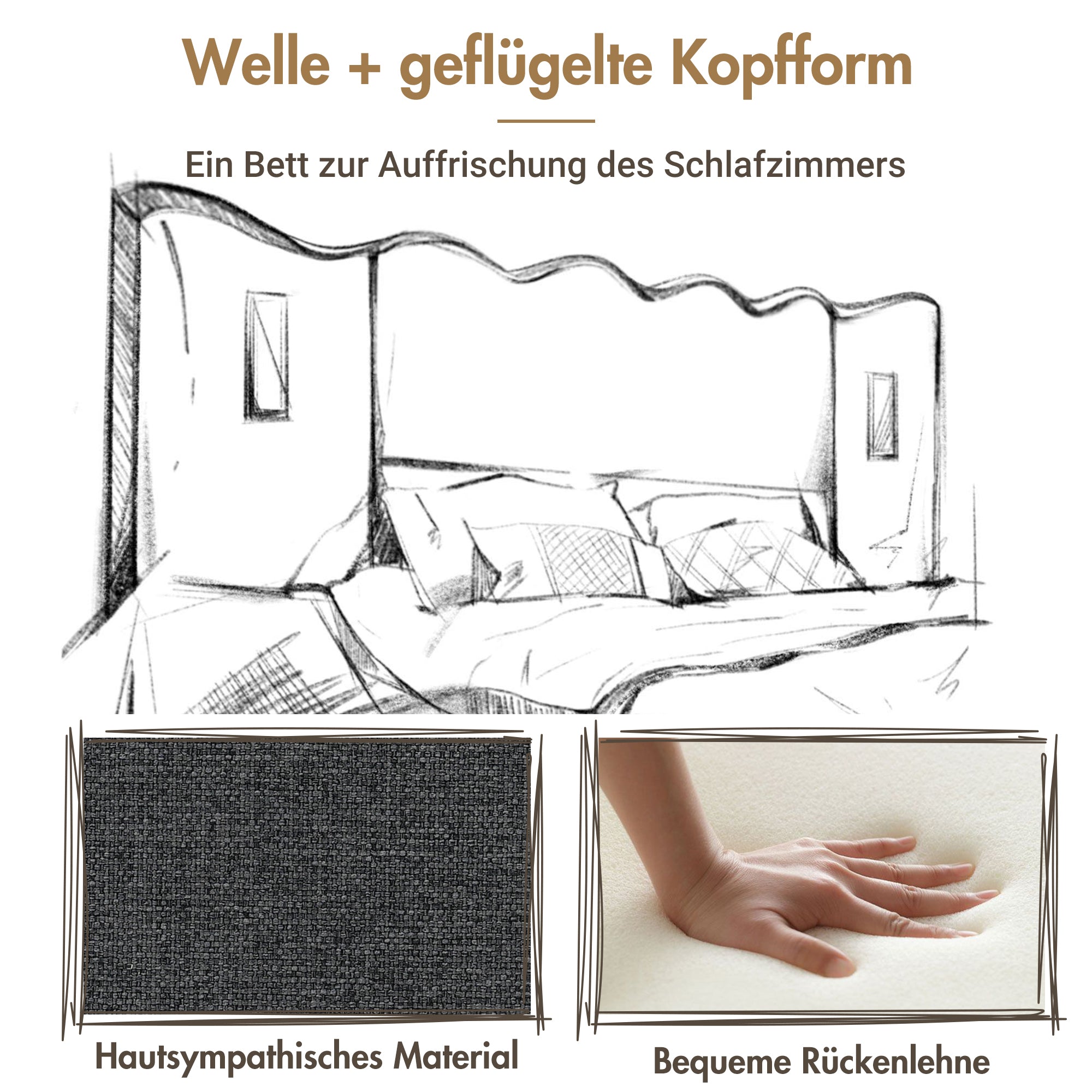 Upholstered Double Bed 180x200 with Reading Lamp and USB Type-C, Storage Bed Frame, Grey Linen