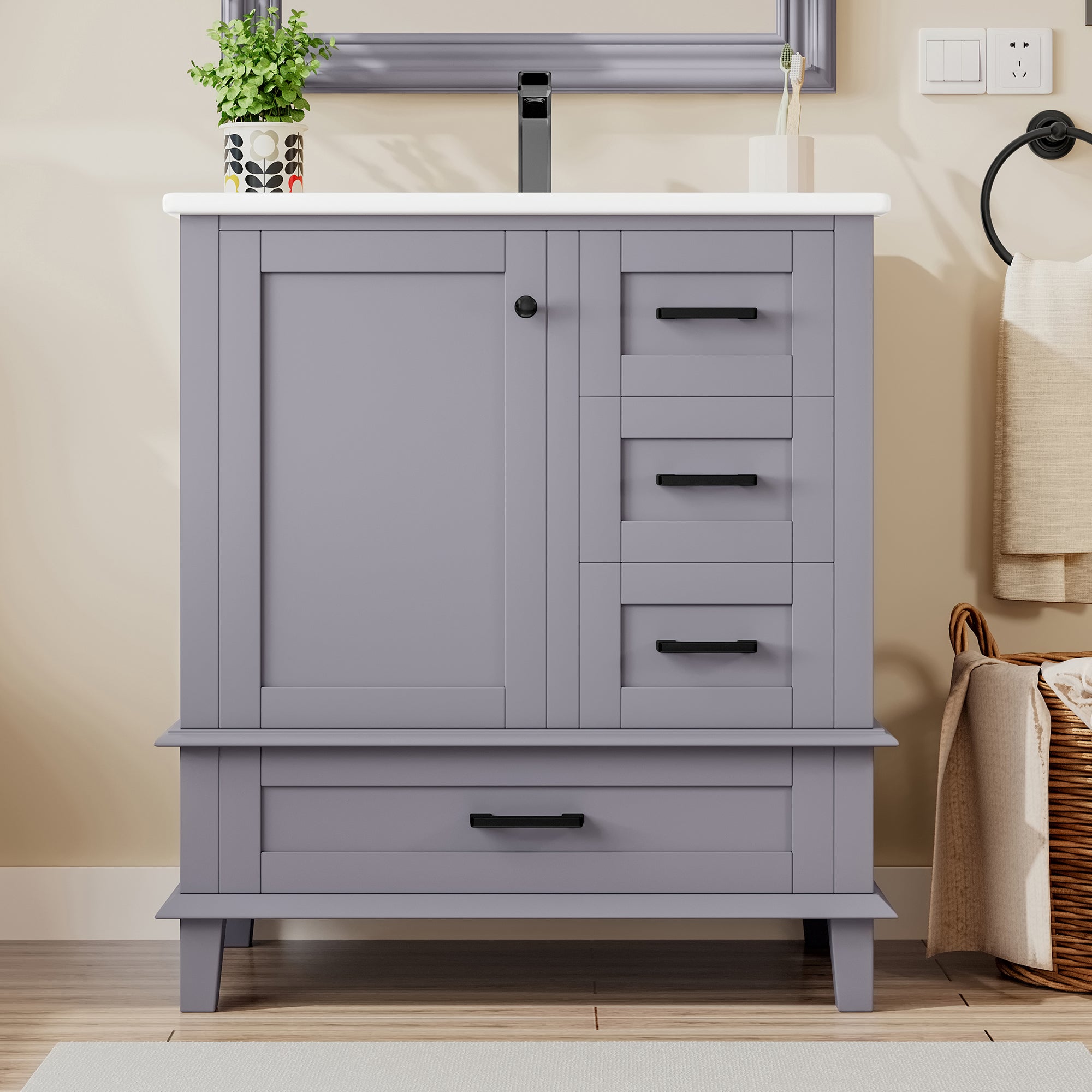 Bathroom Vanity Unit with Ceramic Sink and Silent Storage Drawers, Grey