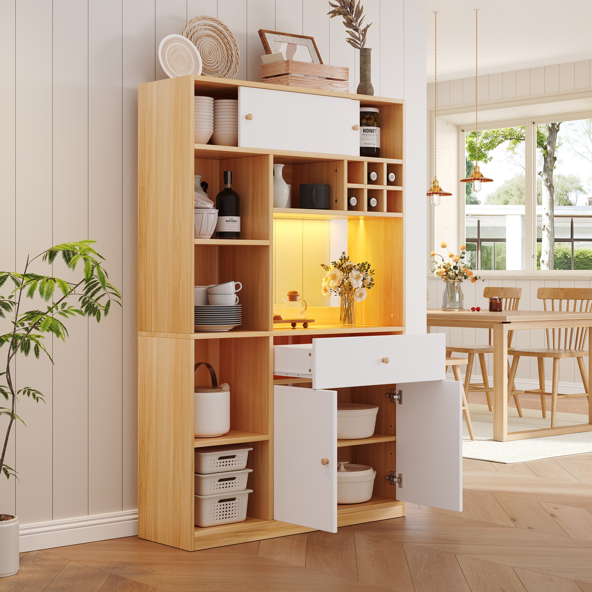 Kitchen Buffet Cabinet LED 1 Drawer 3 Doors Shelves 115x180cm