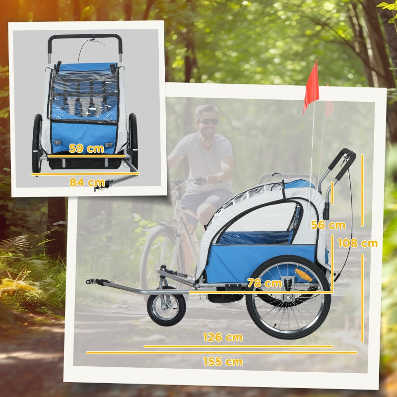 2 Seat Bike Trailer with 5 Point Harness, Safety Flag, Reflectors, Blue