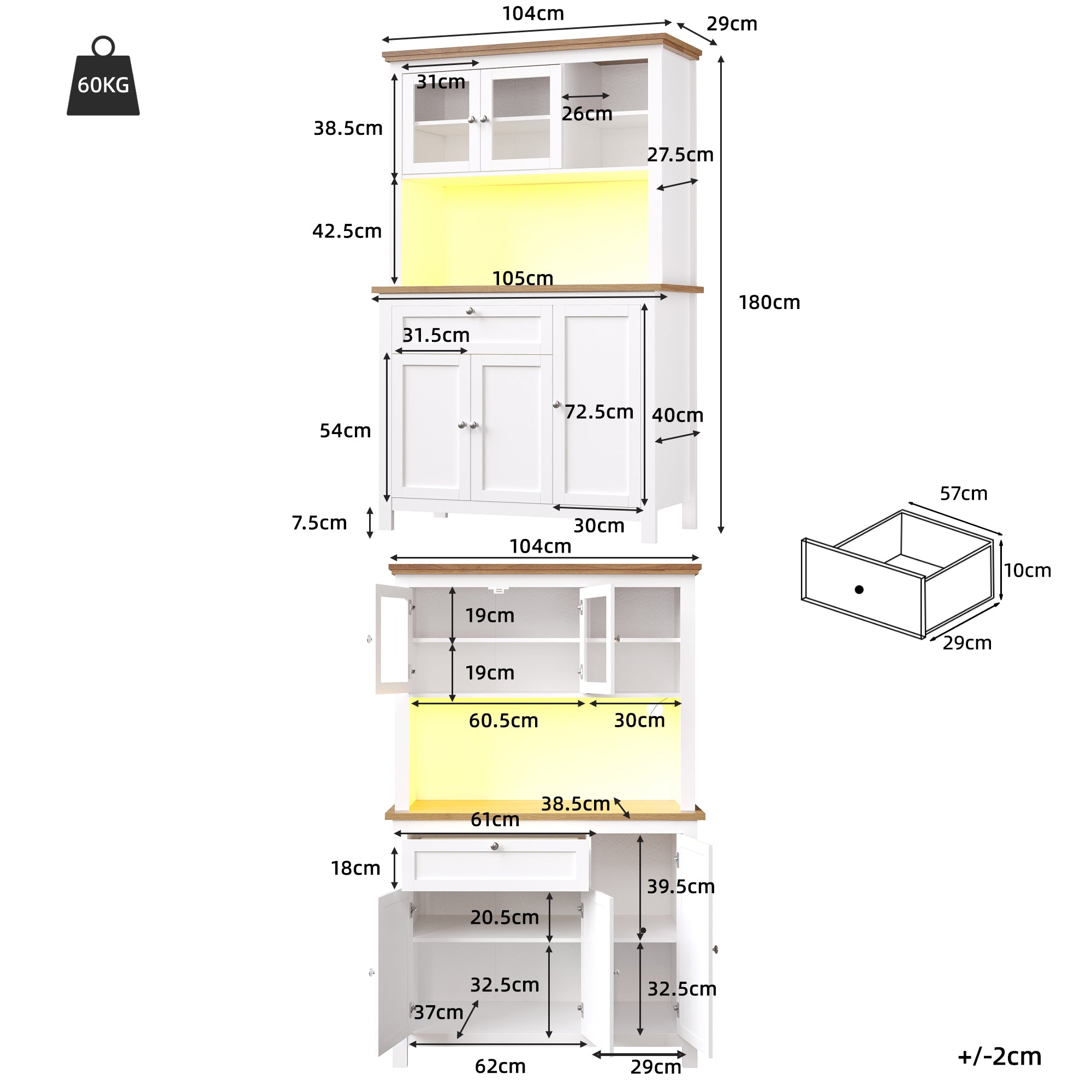 Tall Kitchen Cabinet 104x40x180cm Adjustable Shelves LED Lighting - White