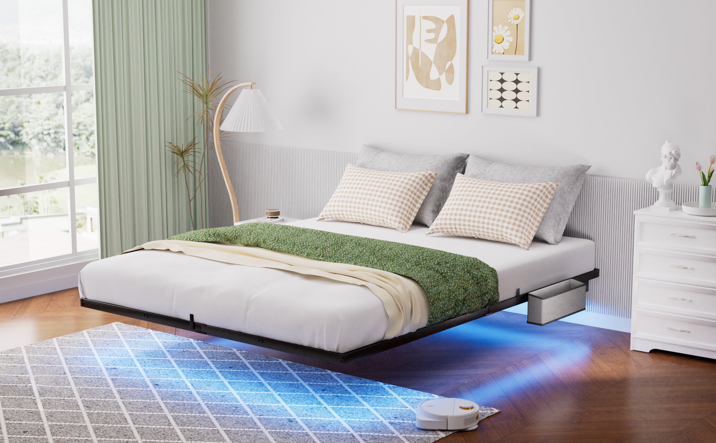 Floating Metal Bed 140x200cm, LED Lights, Black