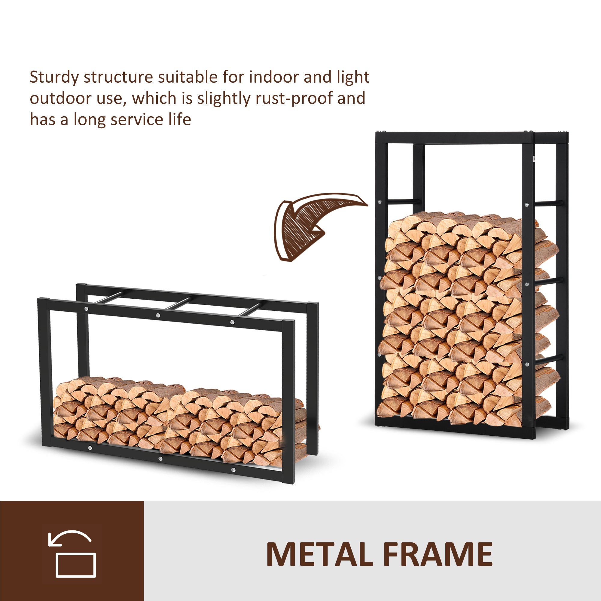 Metal Firewood Log Holder, Indoor Outdoor Fireplace Wood Storage Shelf with Side Rails, Rust-Resistant, Black