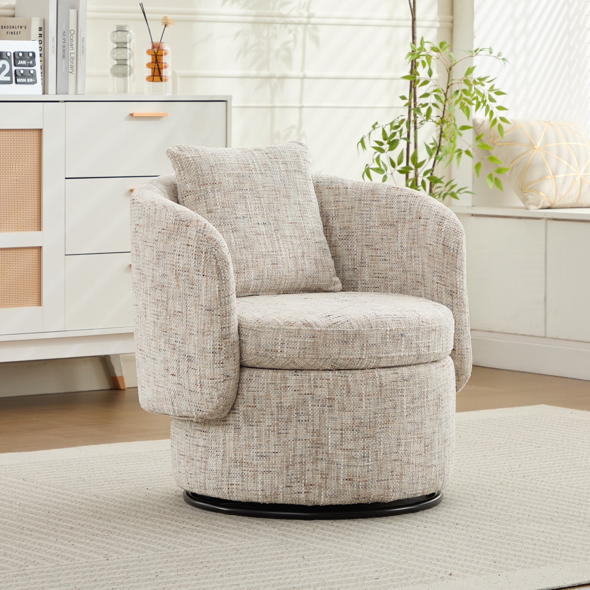 028 Swivel Armchair, 360° Rotating, Hidden Storage, Chenille Ivory