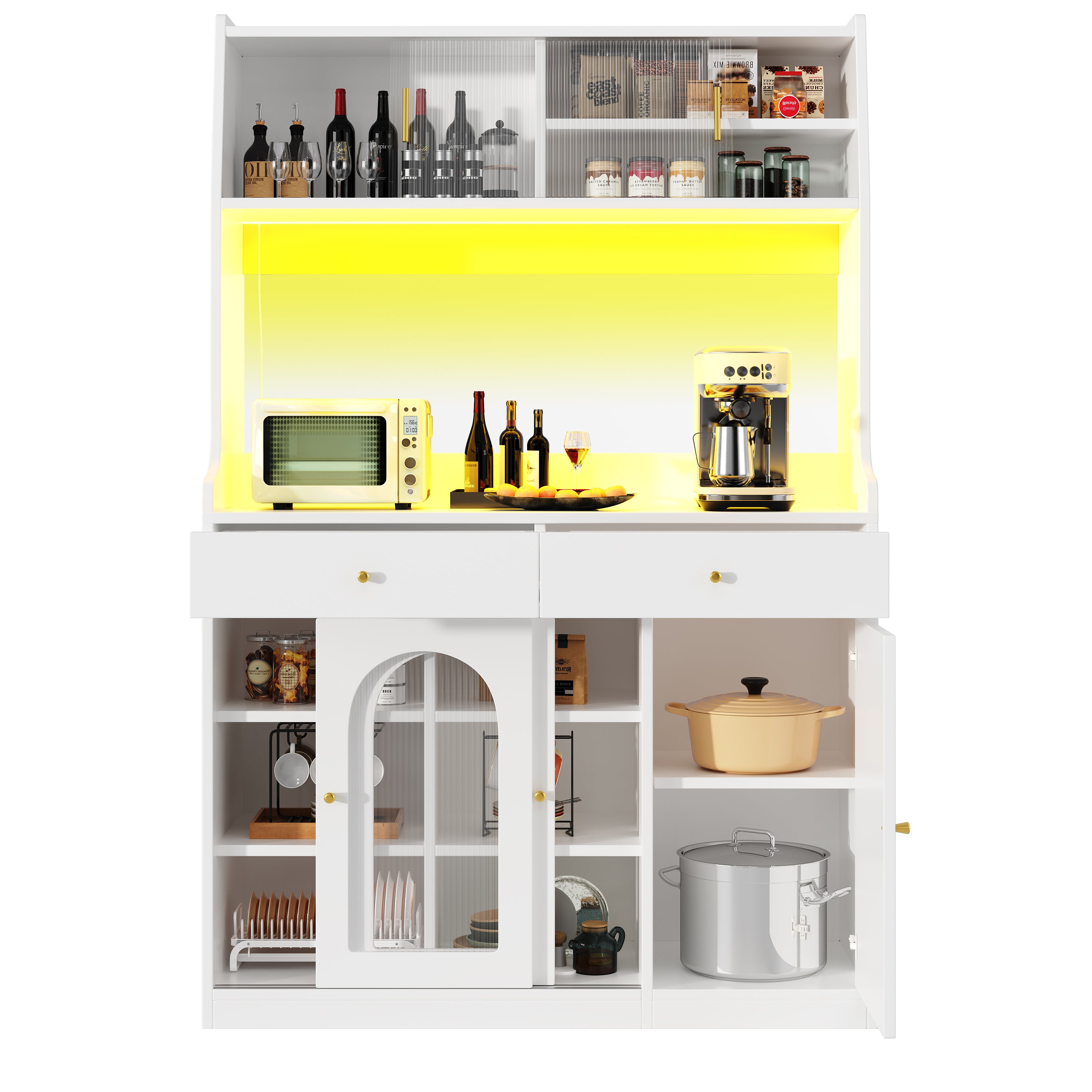 Tall Kitchen Cabinet Buffet Sideboard, Display Storage Adjustable Shelves 2 Drawers LED Lighting - White