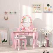 Kids Dressing Table Set Vanity Table with Stool Mirror Drawer Storage Pink