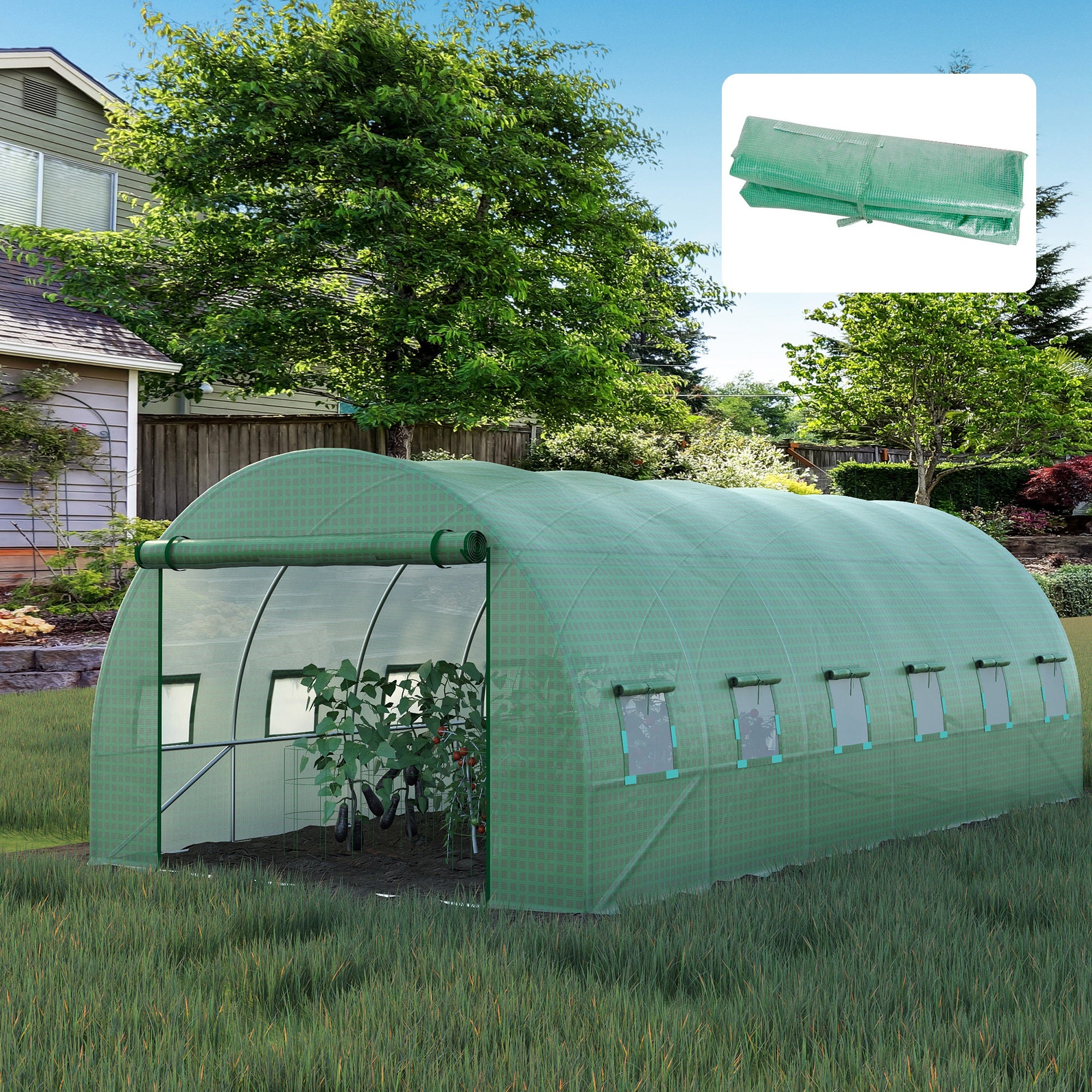 6x3x2m Tunnel Greenhouse Replacement Cover with Roll-up Windows and Door, PE Green