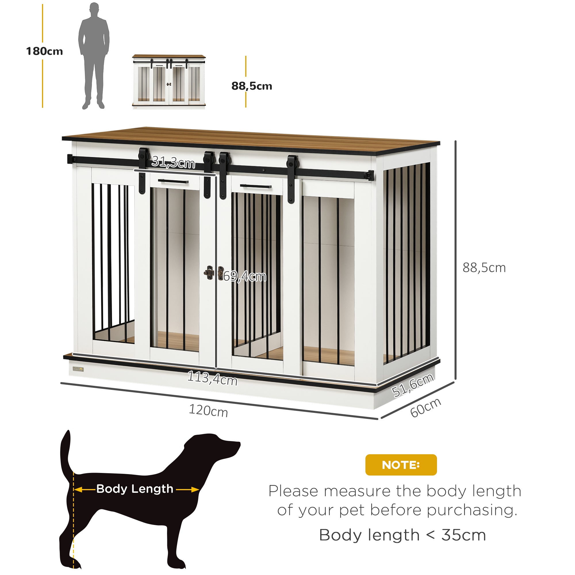 Dog Cage, 2 Room Option, Double Doors, White