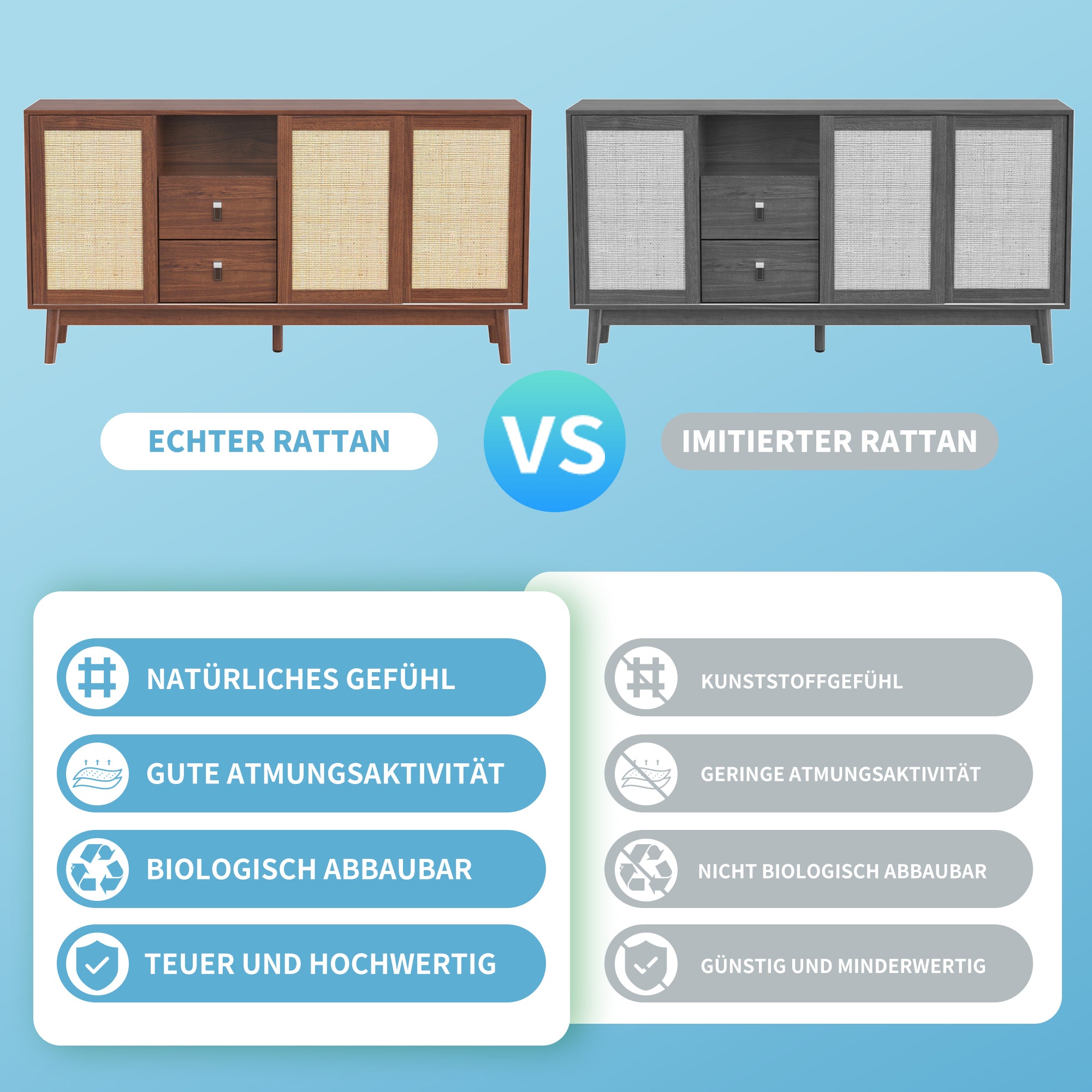 Sideboard, 3 Sliding Rattan Doors, 2 Drawers, Dark Wood