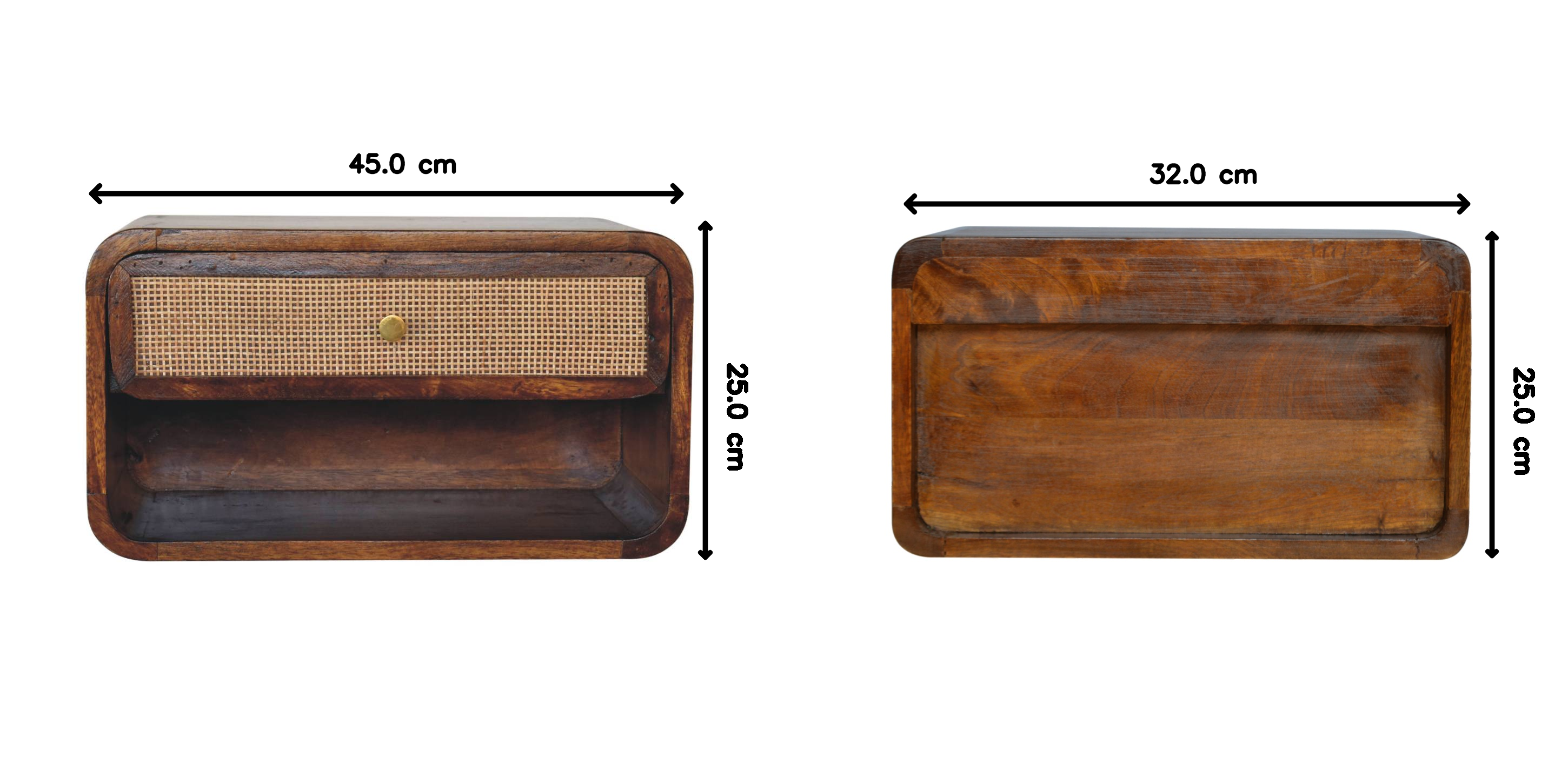 Solid Wood Chestnut Bedside, Wall Mounted Woven 1 Drawer 1 Shelf, Dark Brown