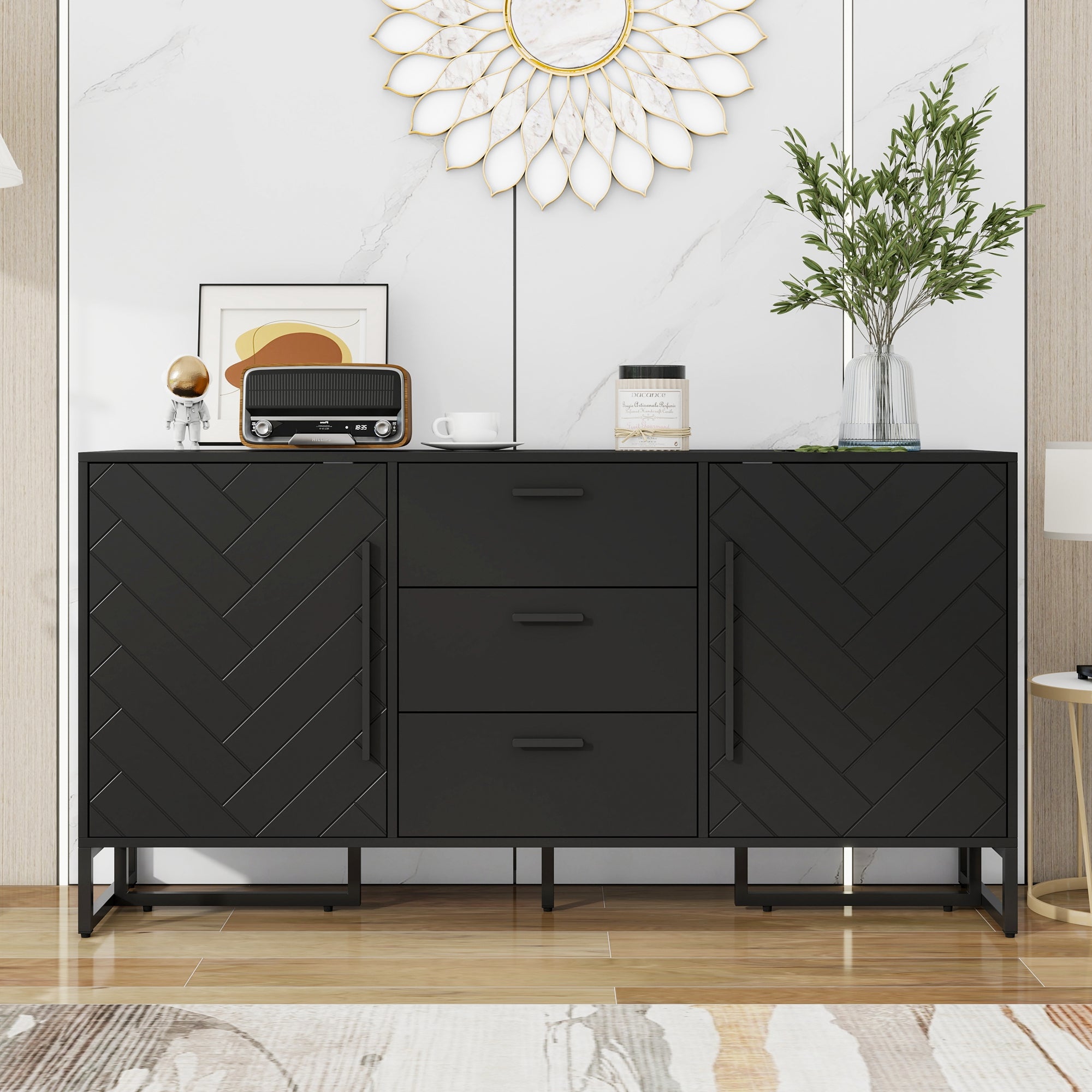 Sideboard Herringbone Pattern 2 Doors 3 Drawers Black
