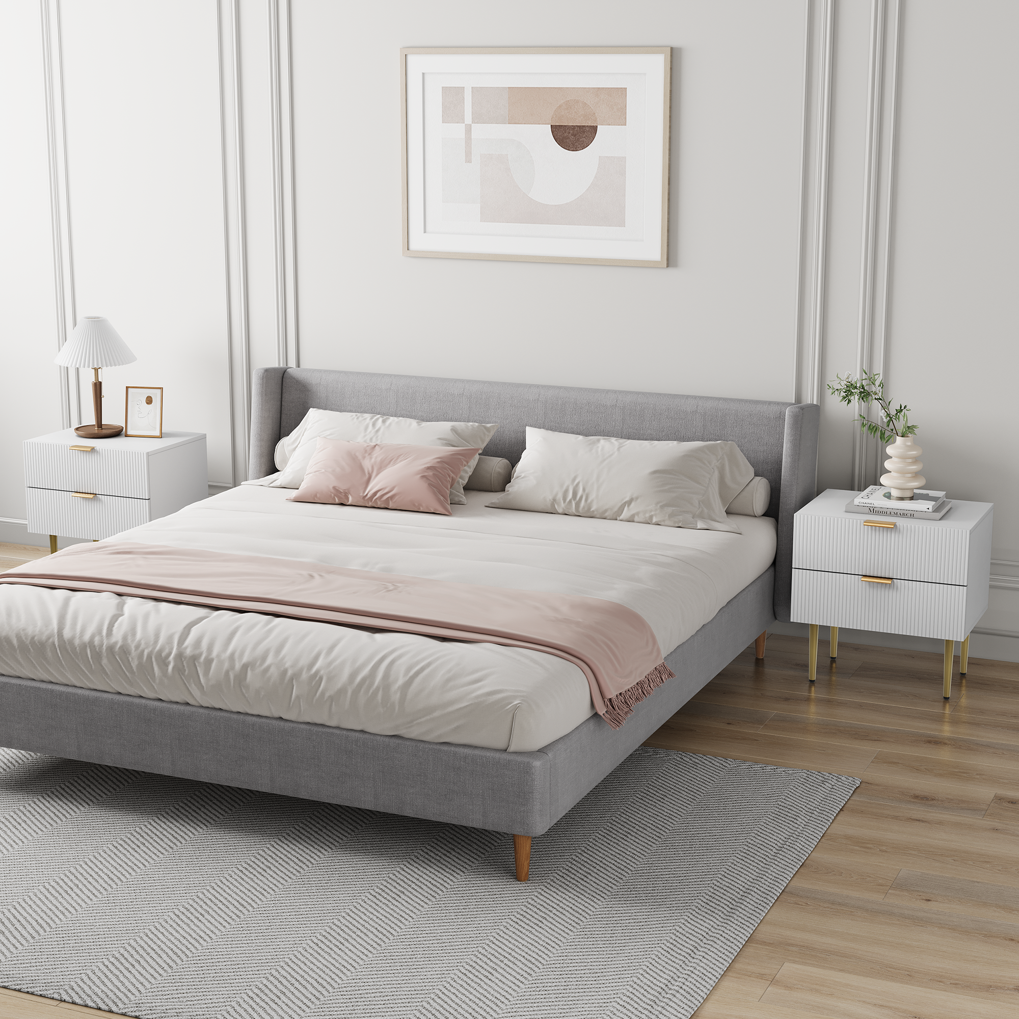 Bedside Table, Wave Pattern, 2 Drawers, Modern, White with Metal Legs