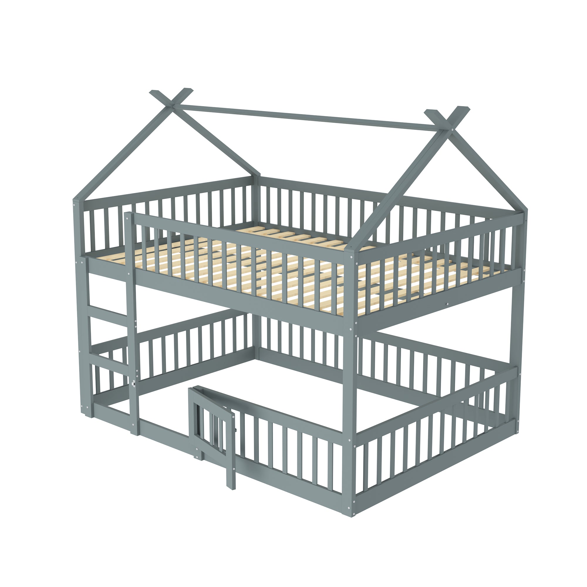 Bunk Bed, 140x200cm Family Bed with Stairs, Solid Wood, Grey