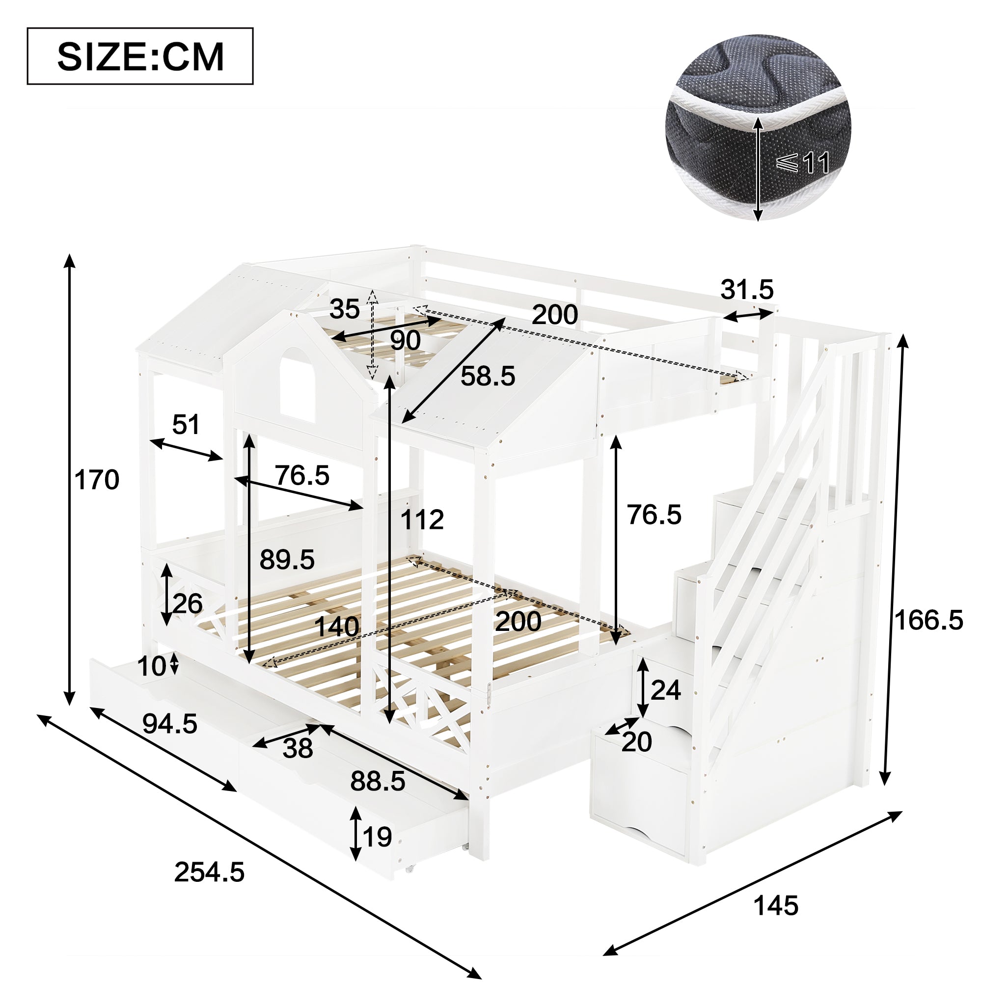Bunk Bed Children's Storage, Drawers & Stair Cupboard, Pine + MDF + Plywood White