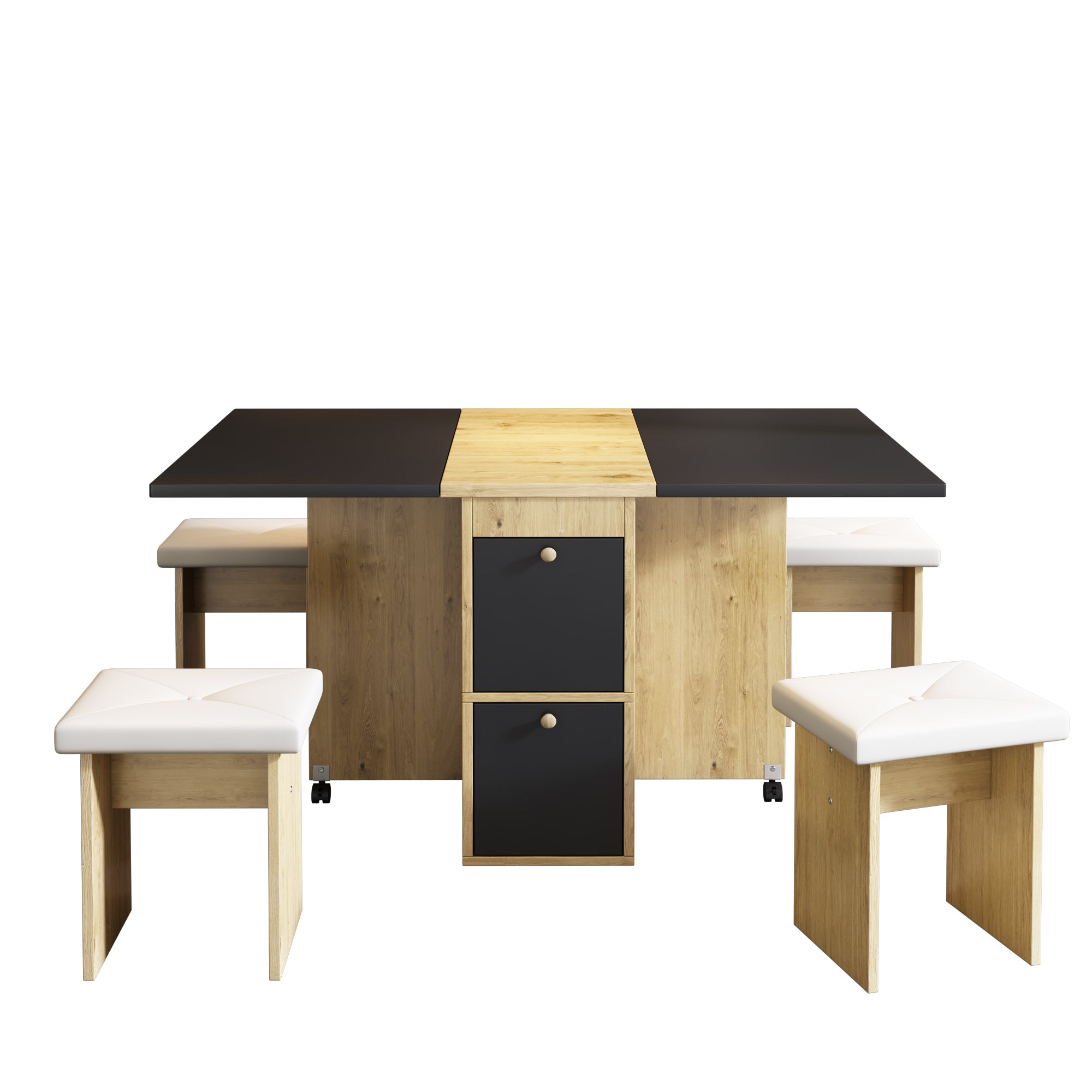 Dining Table Set with 4 Chairs, Folding and Extendable Table, 120x80x75cm, White, Oak and Black