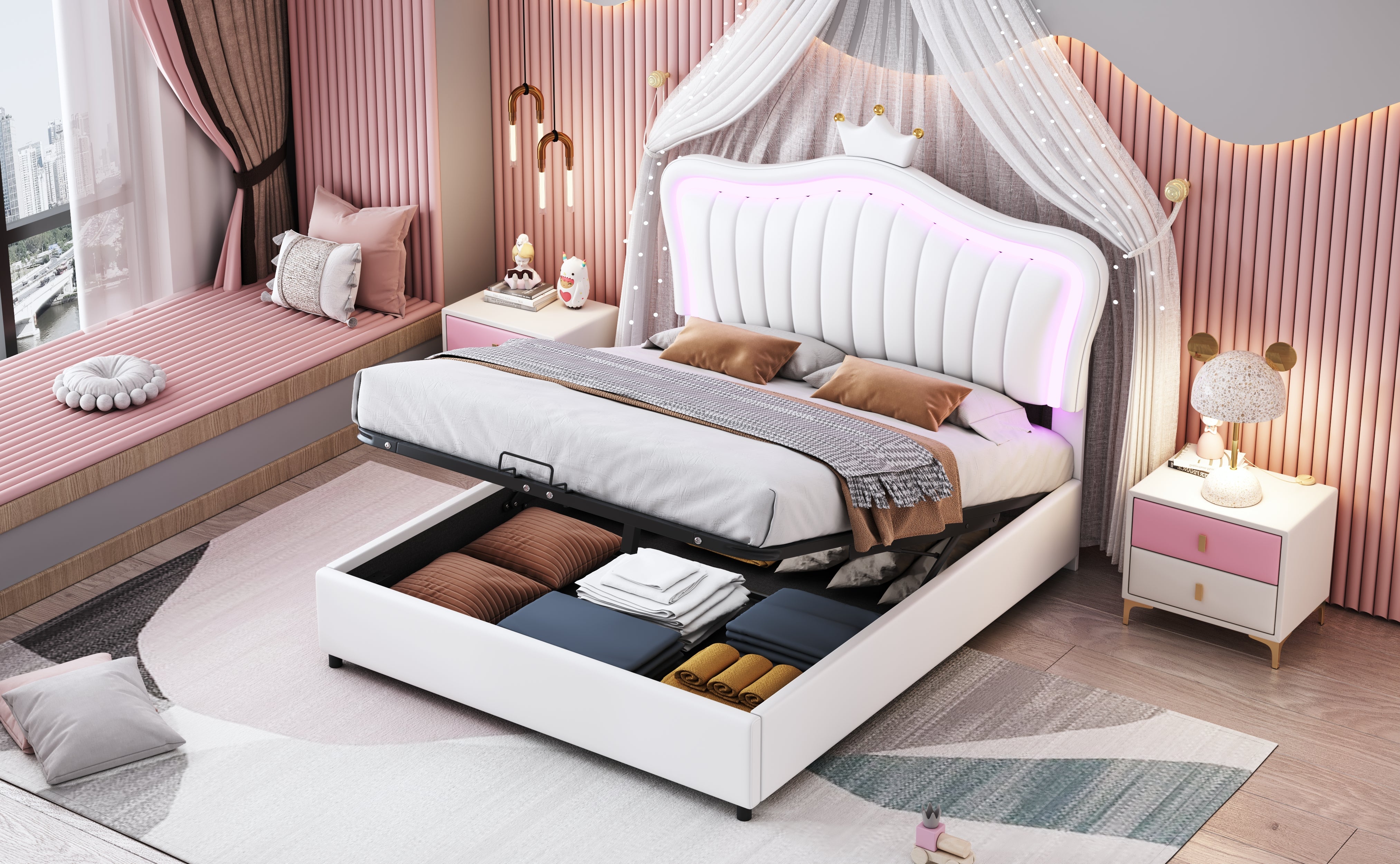 Children's Bed, Upholstered Hydraulic Storage with LED Lights, White PU Leather
