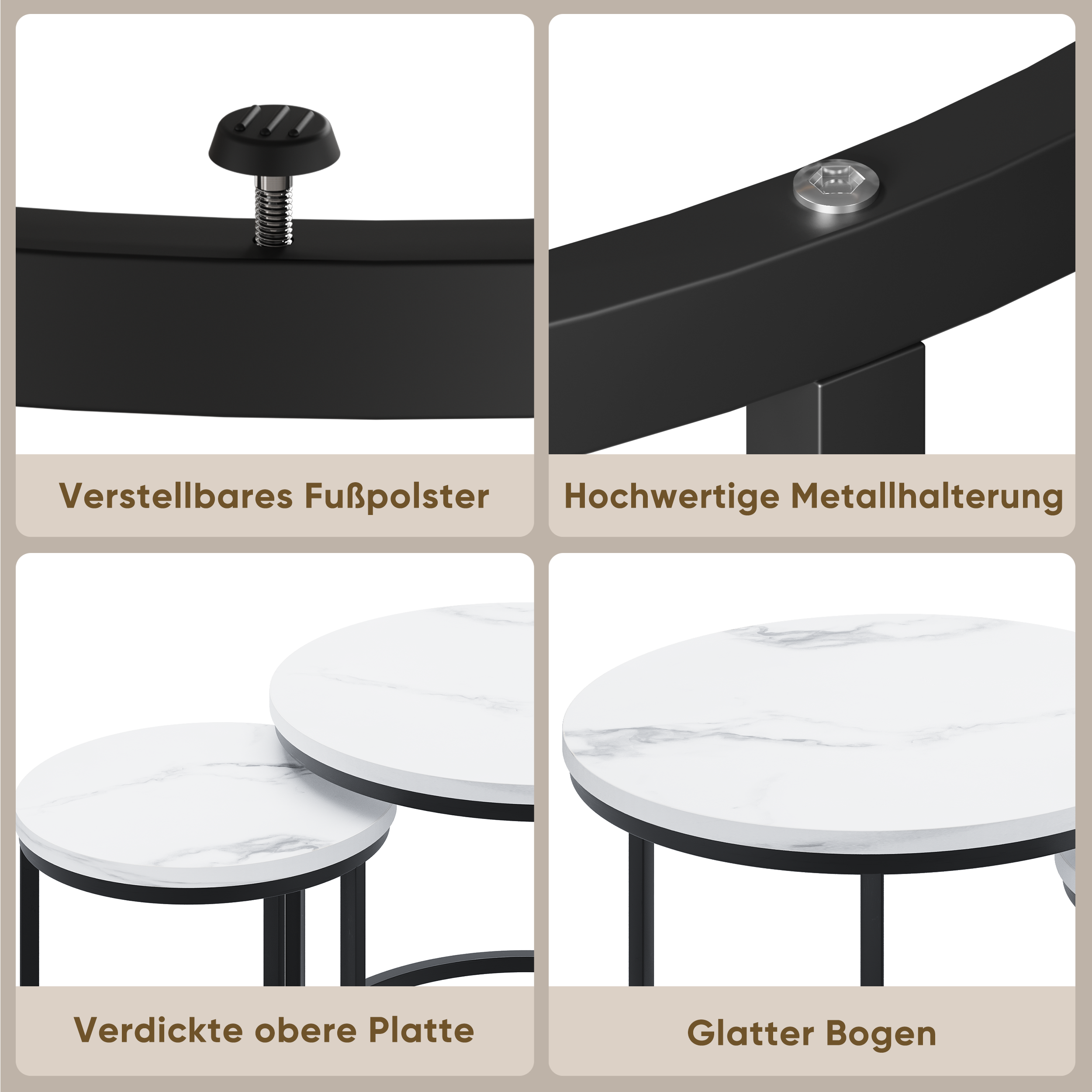 Nested coffee table 2 piece set, 60cm metal frame round modern, white