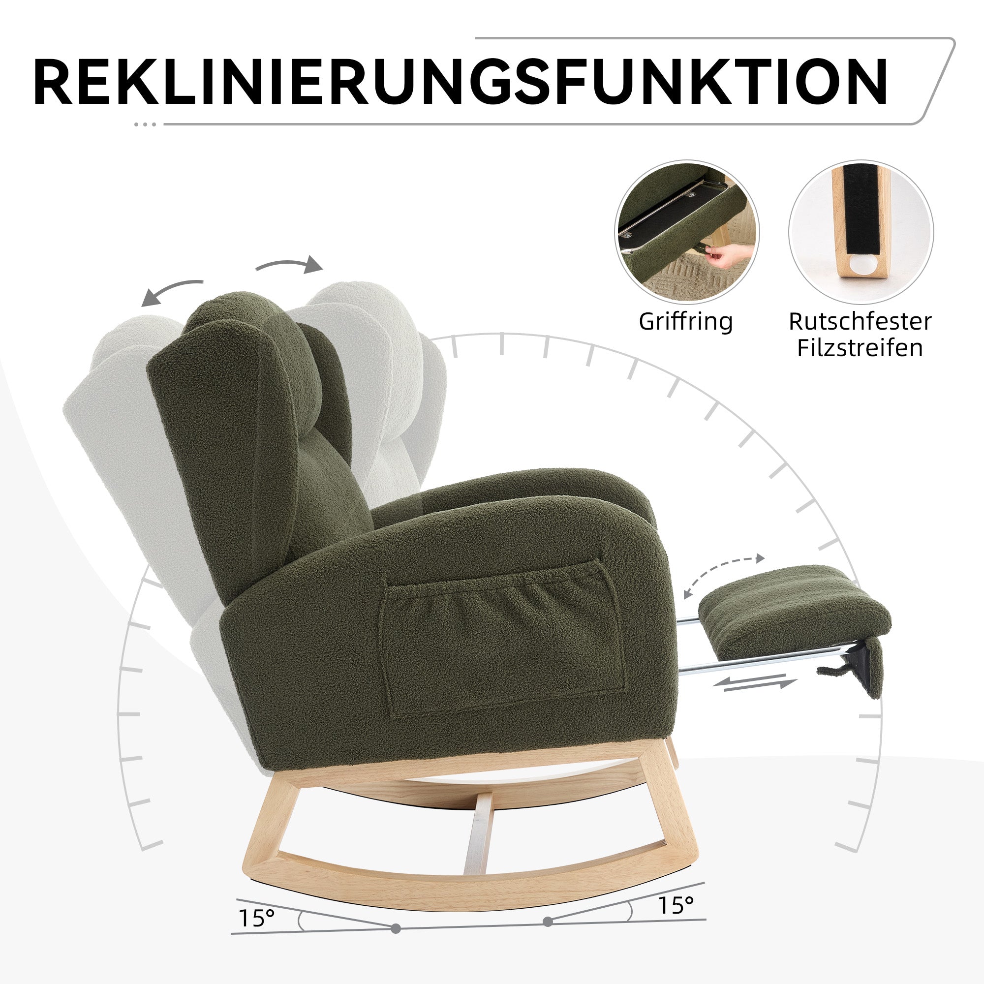 049B Rocking Chair, Nursing Lounge Chair with Adjustable Footrest, High Back, Teddy Fabric, Green