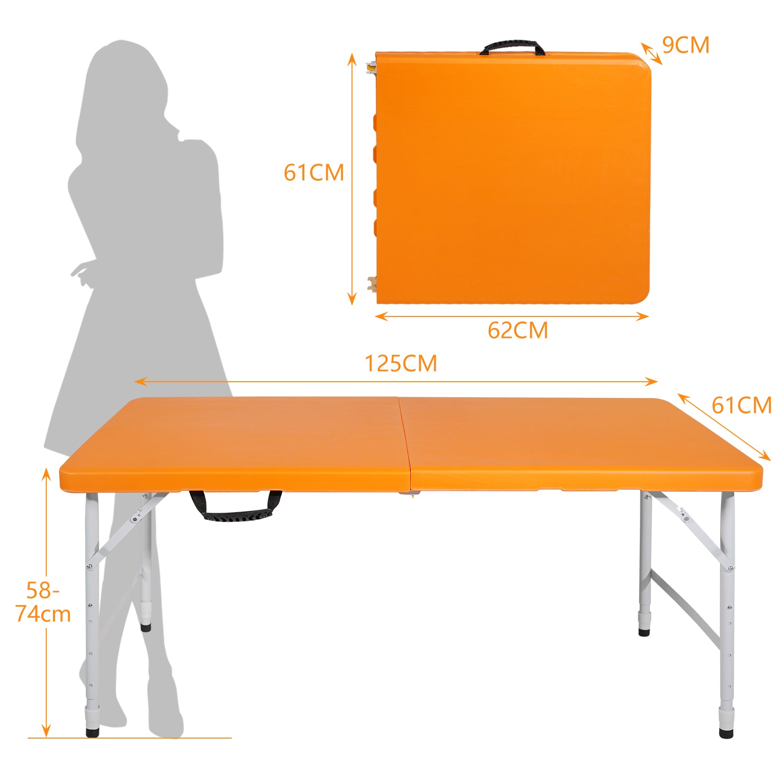 Portable Folding Table 125cm Adjustable Height, Orange