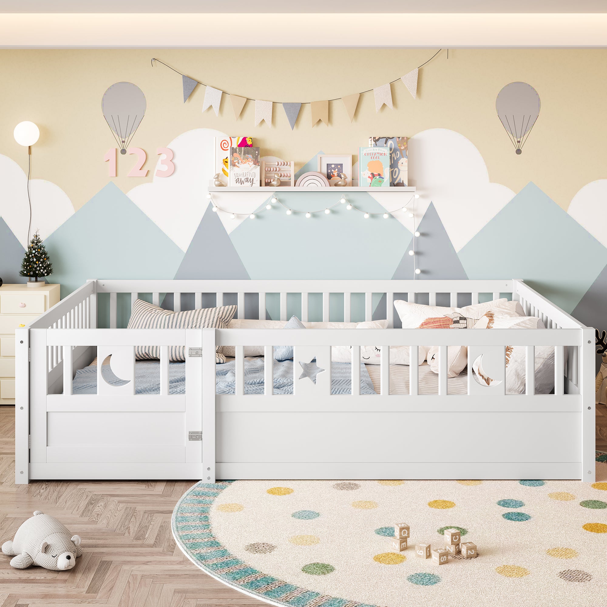 Panel Bed, 140 x 190 cm, Children's Bed with Guardrail, Star/Moon Decoration, White