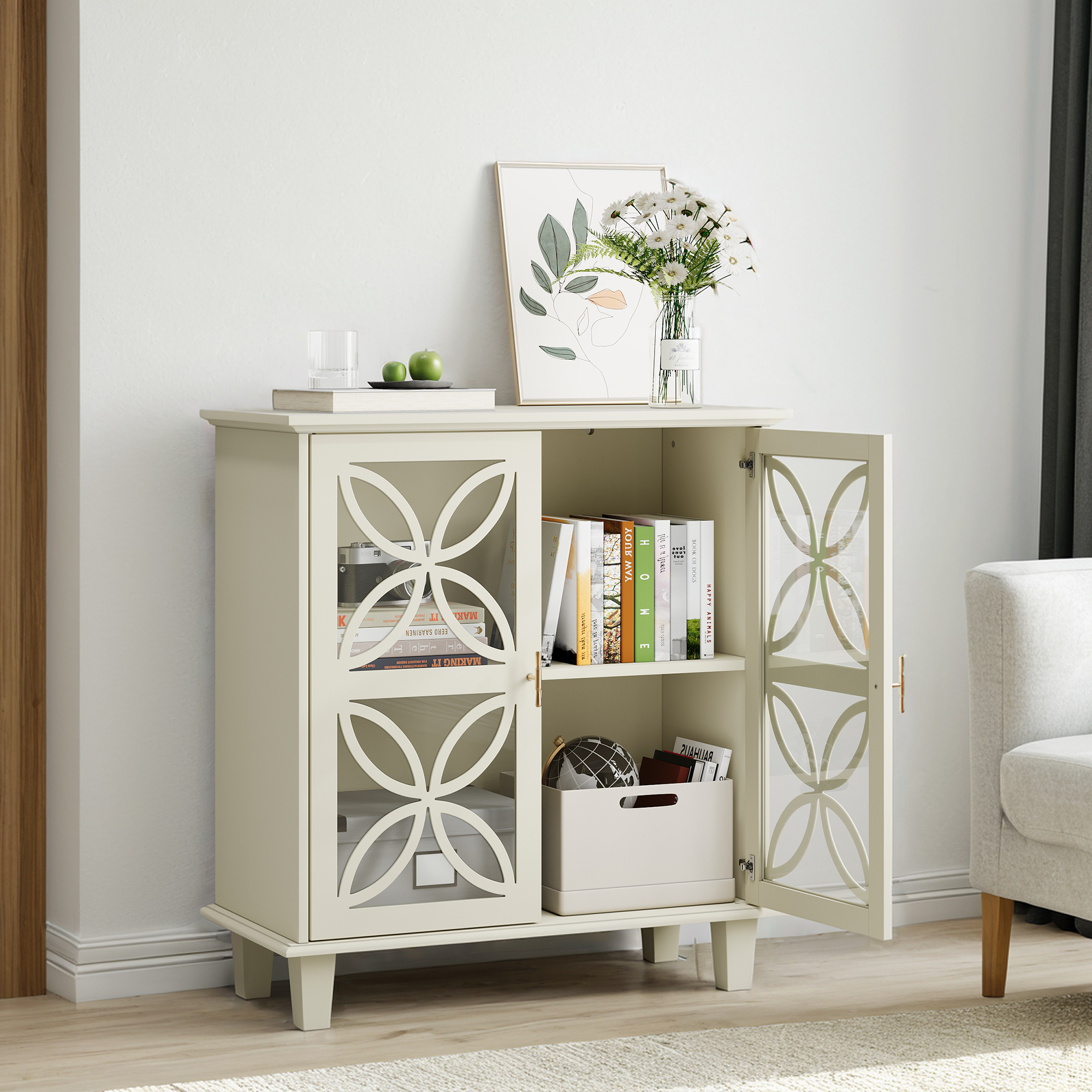 Sideboard with adjustable shelves, two doors, cream