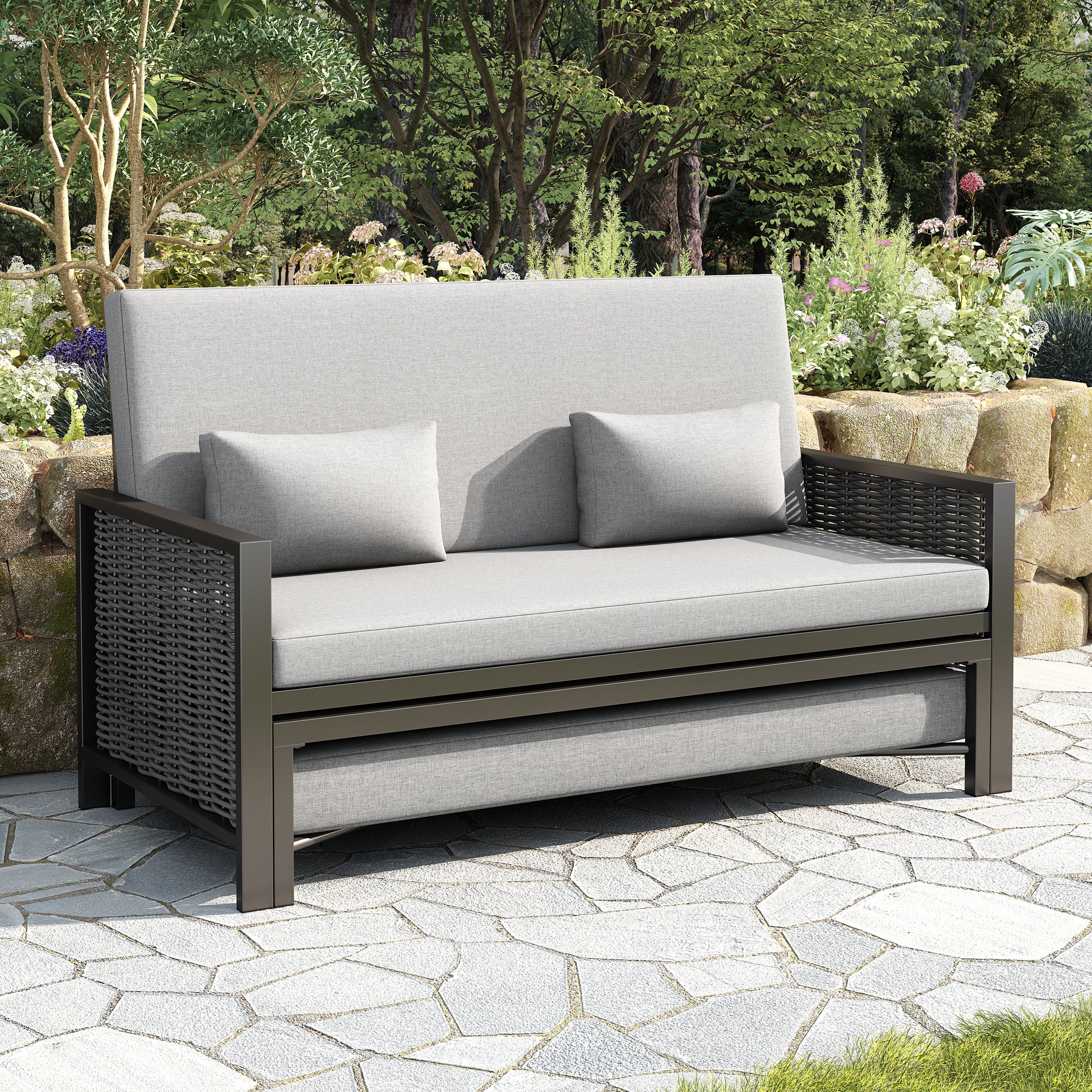 Outdoor Lounger Garden Sofa for 2 People with Adjustable Backrest and Retractable Footrest, Grey