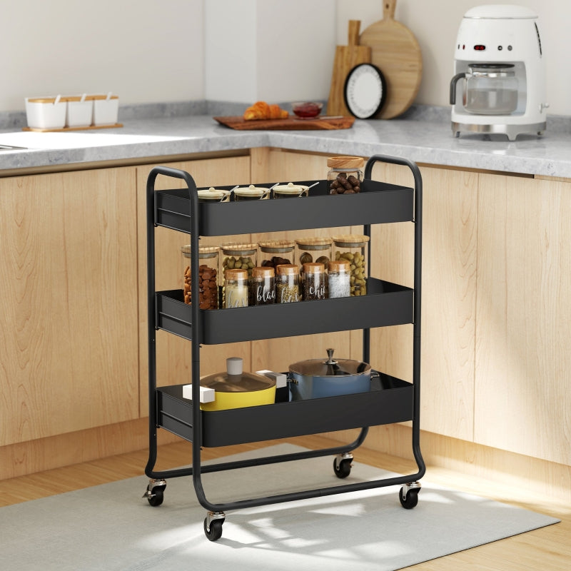 Kitchen Trolley 3 Baskets 4 Wheels - Metal Black