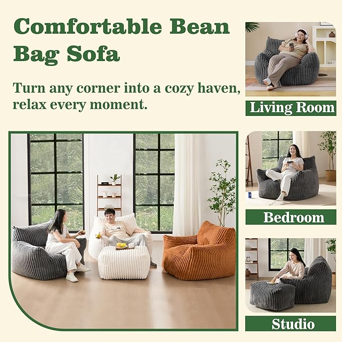 Bean Bag Chair with Footrest, Shredded Foam with Effortless Rebound, Corduroy