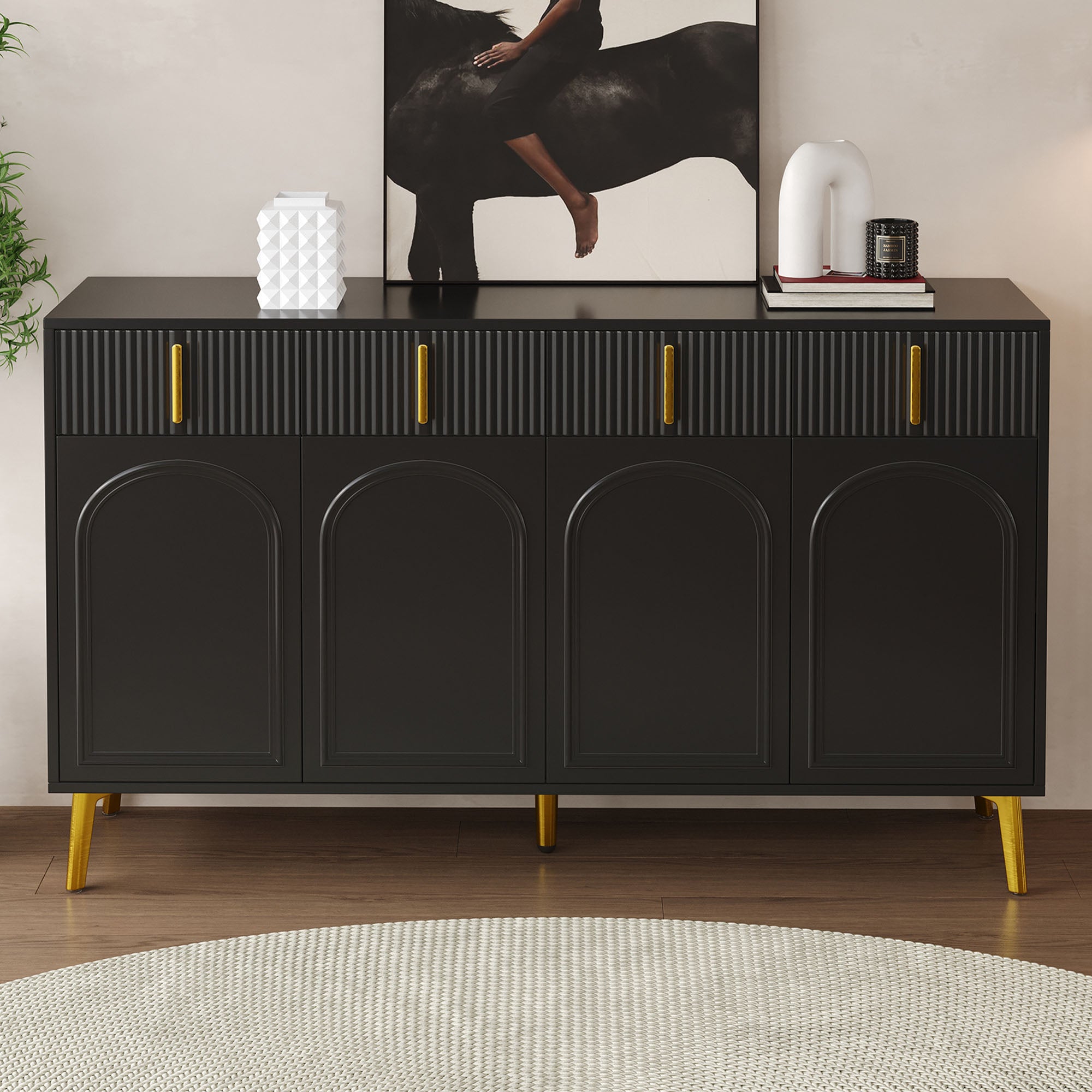 Sideboard, 4 Doors 4 Drawers, Gold Accents