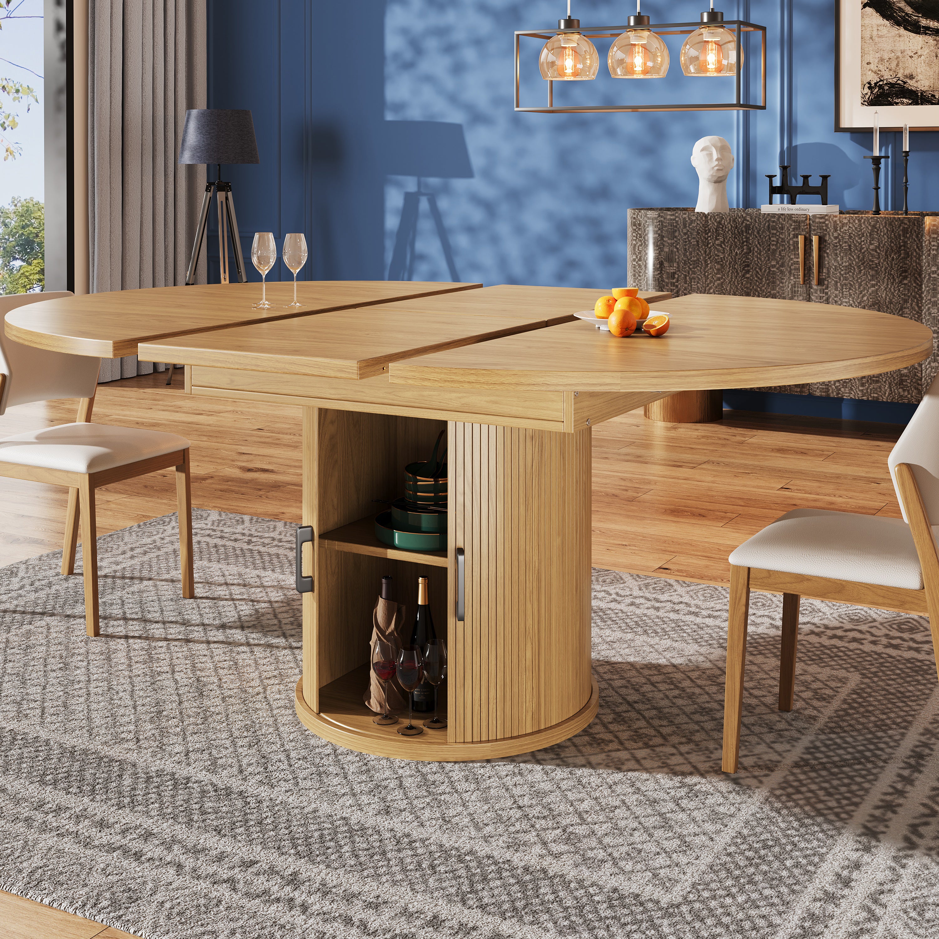 Extendable Round Dining Table, Oval Extension for 6 People, Wood Color