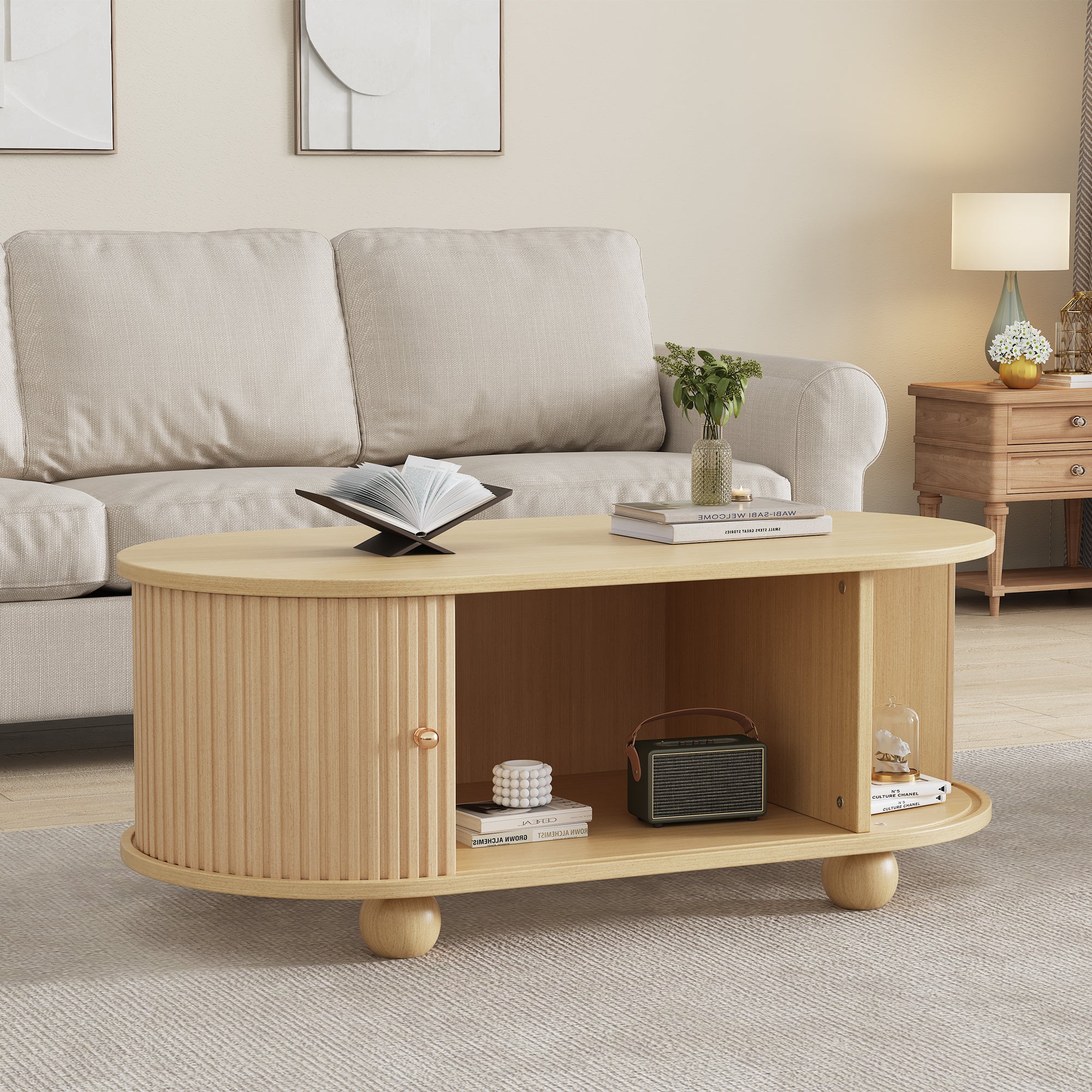 Oval Coffee Table with Storage and Sliding Doors, Multifunctional, Wood Colors