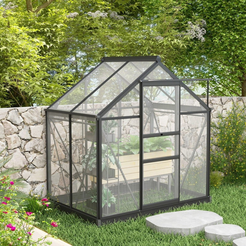 6x4ft Greenhouse, Polycarbonate Walk-In with Sliding Door & Aluminium Frame, Grey