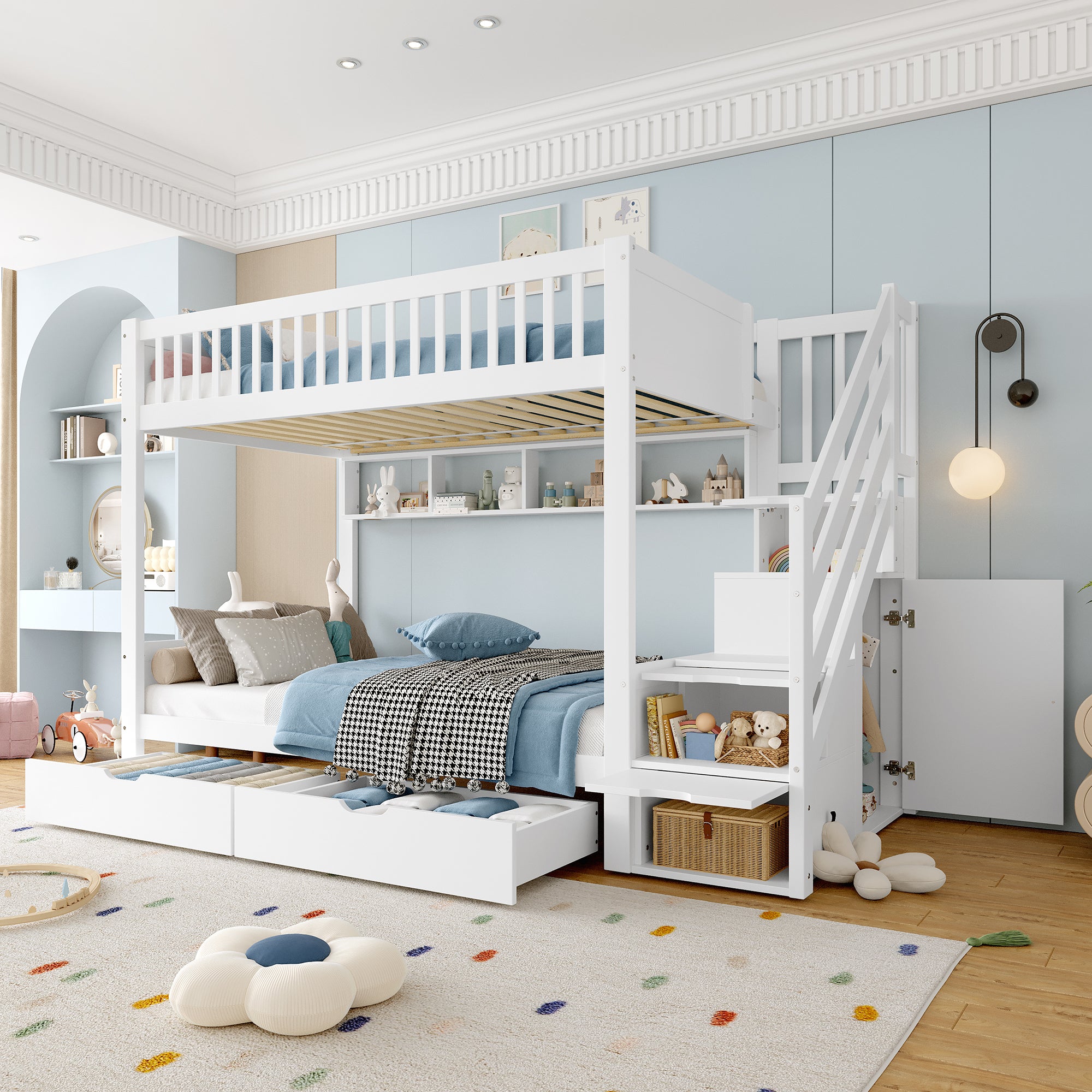 Bunk Bed with Drawer, Shelf, Wardrobe, Storage, 90x200cm, White