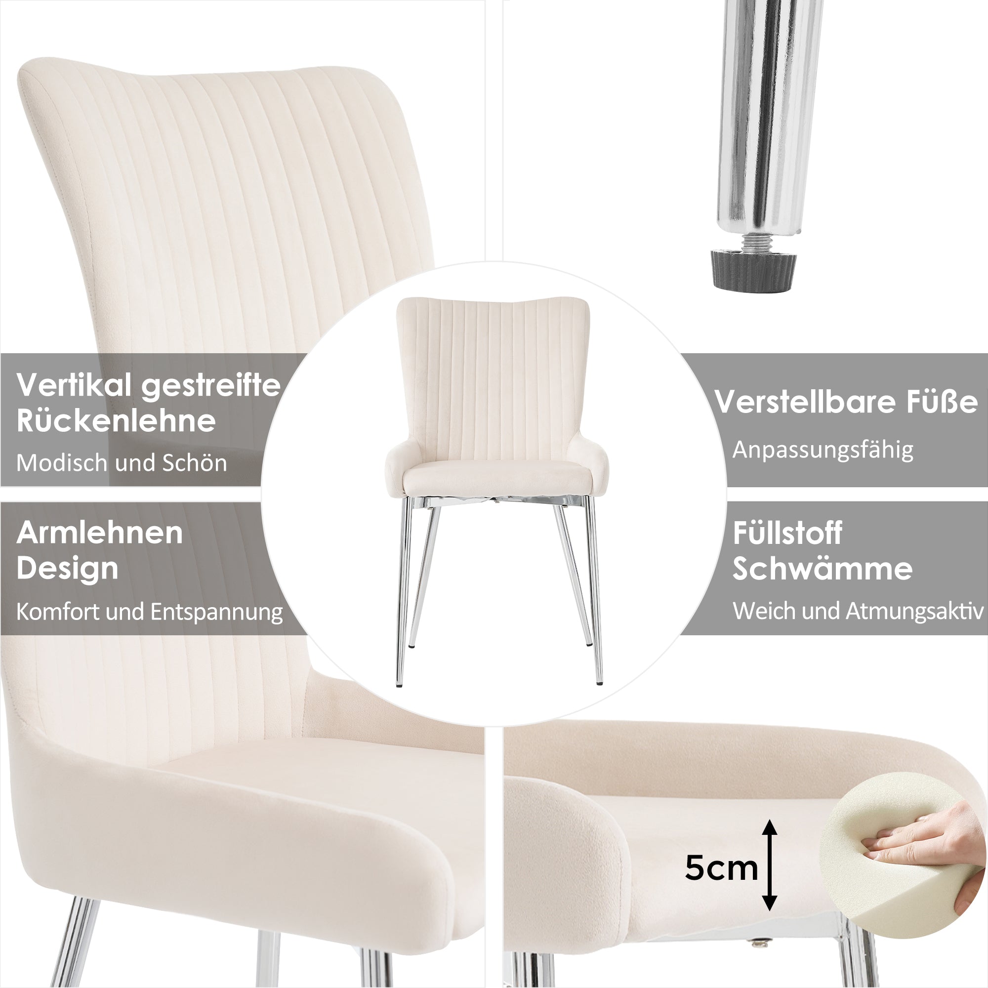 Velvet Dining Chair Set of 2 with Lumbar Support and Silver Metal Legs, Beige