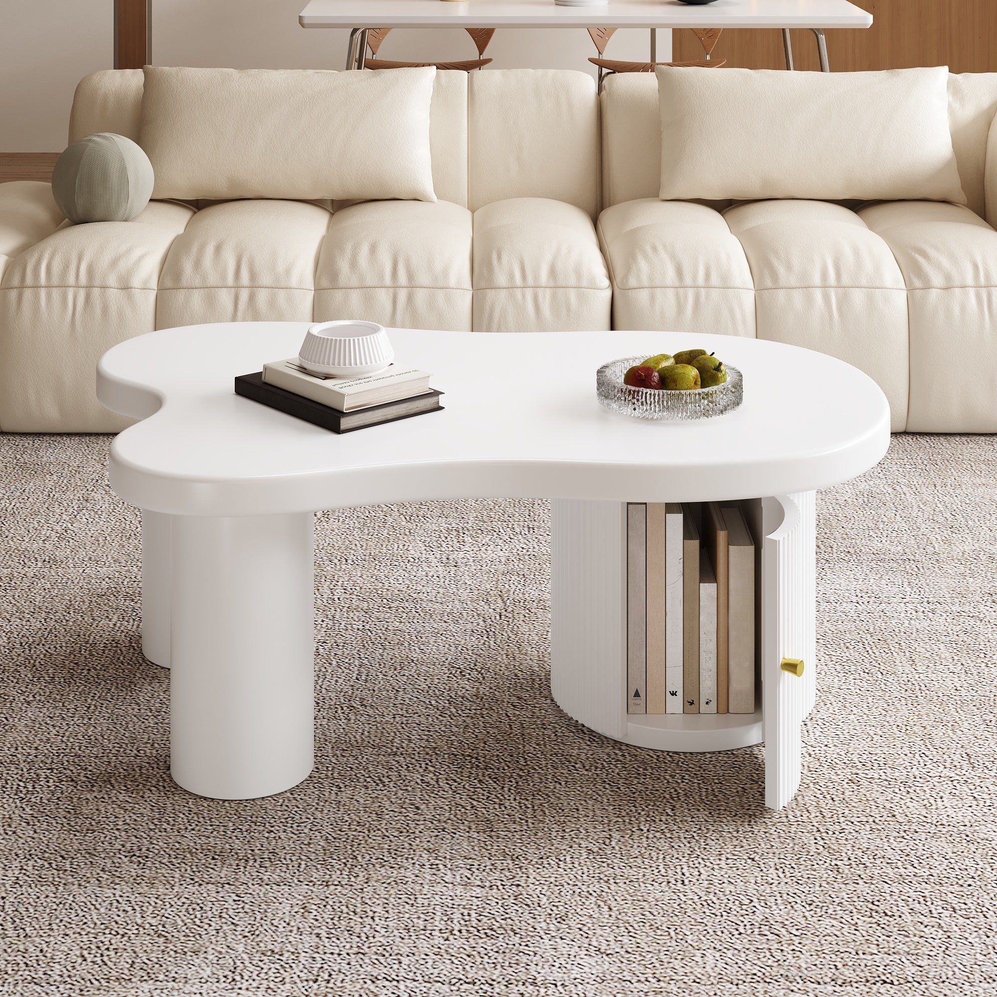 Asymmetrical Coffee Table, Stylish Sturdy with Storage, White
