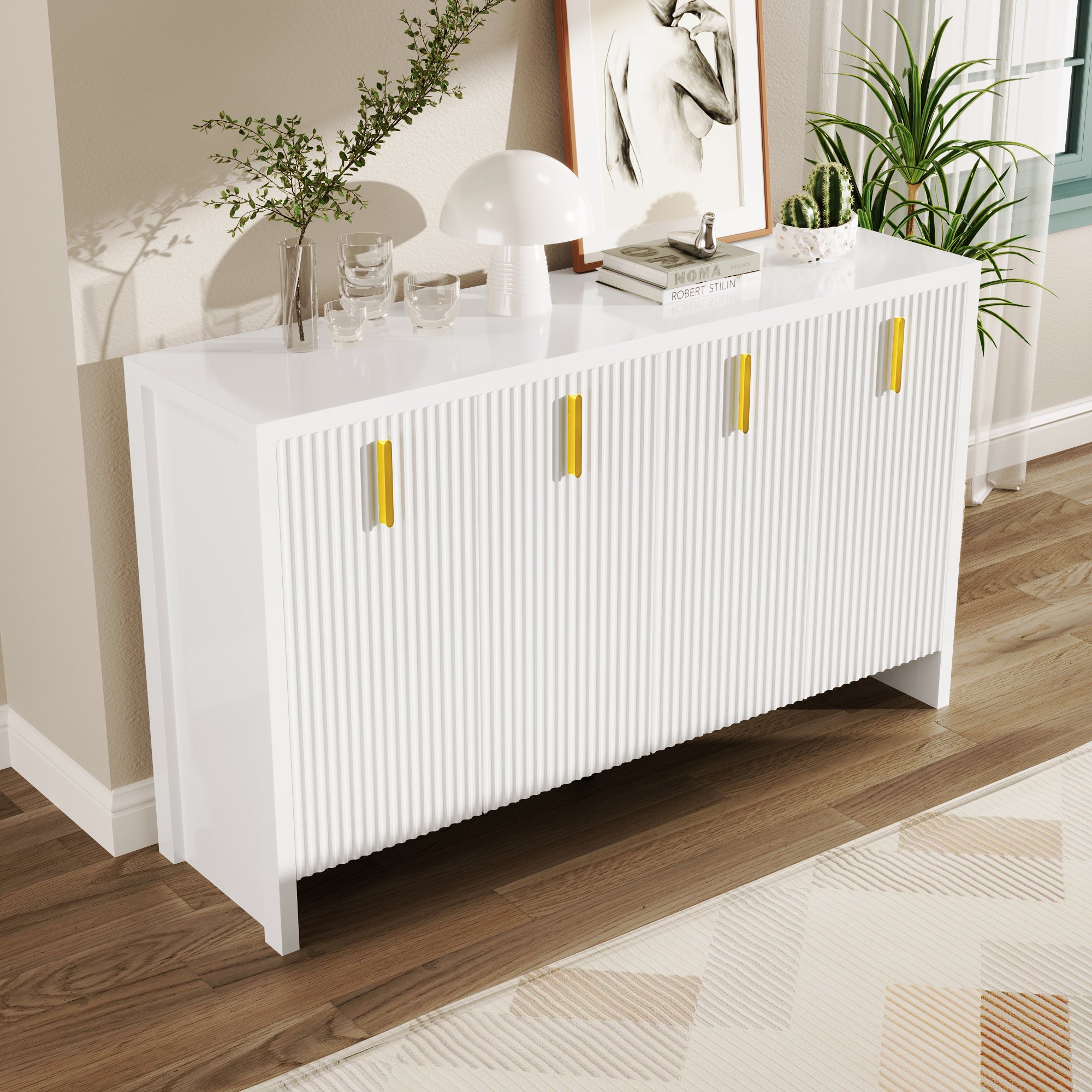 Sideboard, Minimalist with Golden Handles & Adjustable Dividers, White