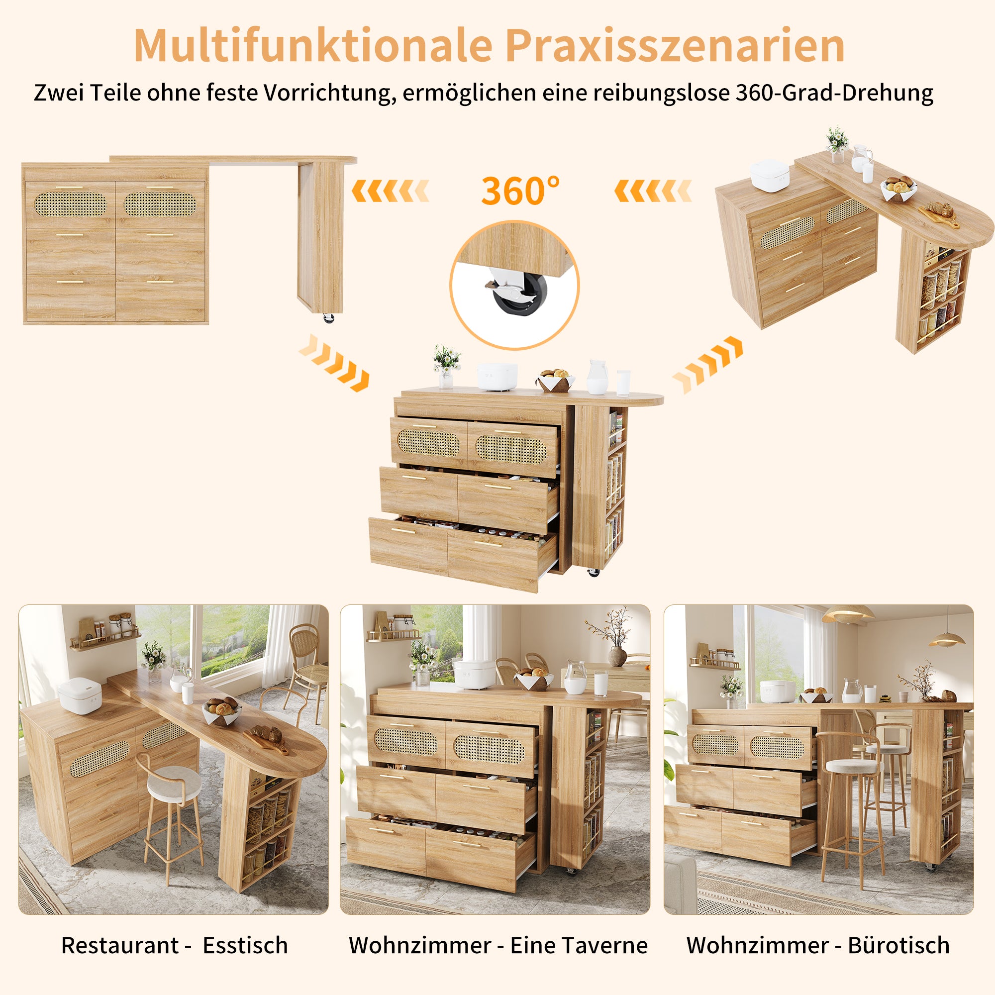 360° Rotating Bar Table with 6 Drawers and Anti-Tip Device, PE Rattan and Metal