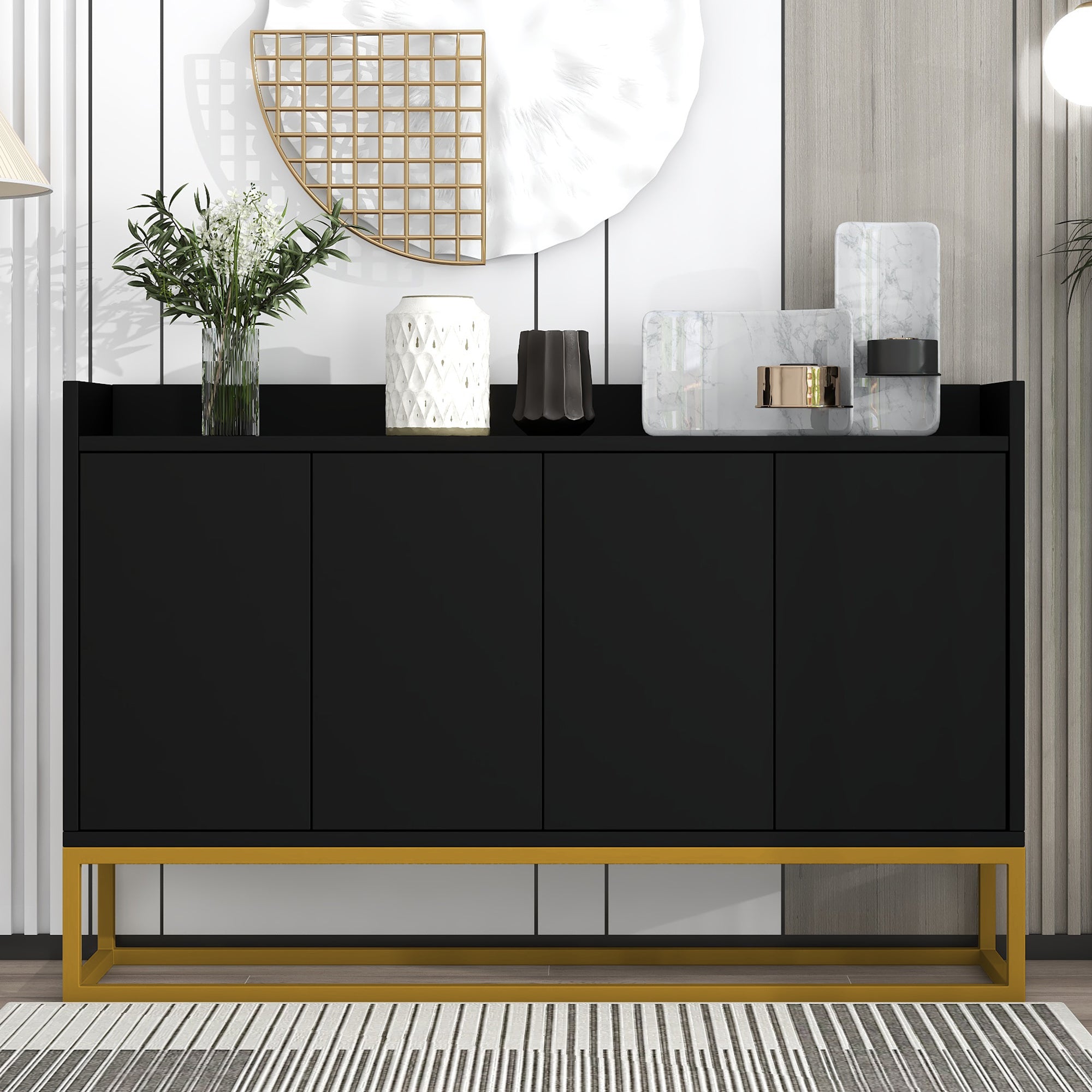 Sideboard, Minimalist 4-Door Handleless Buffet, Black