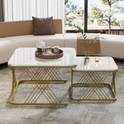 Nest of 2 Tables Coffee Table Set, Gold Metal Frame & Marble Pattern Top, White + Gold